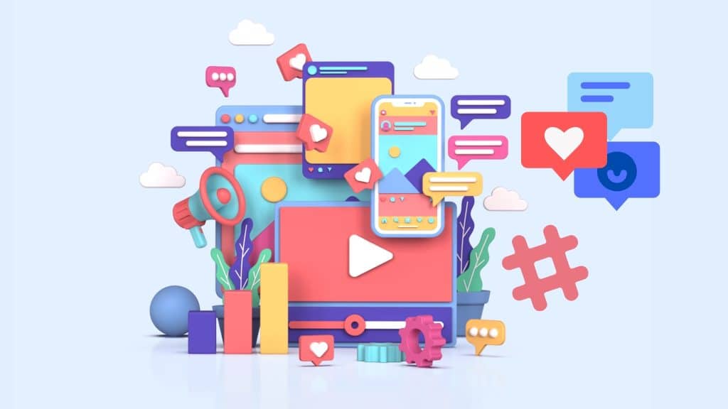 An event promoter planning a social media marketing campaign with various platform icons on a tablet