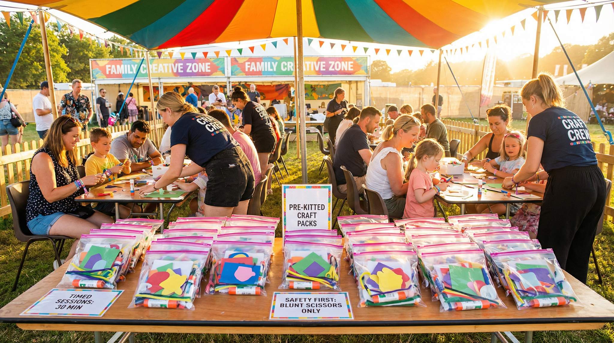Don&#8217;t let the craft tent turn chaotic! A veteran festival producer reveals how to pre-kit projects for quick turnover, use kid-safe supplies, and manage crowds with timed sessions for a safe, smooth, memorable crafting experience.
