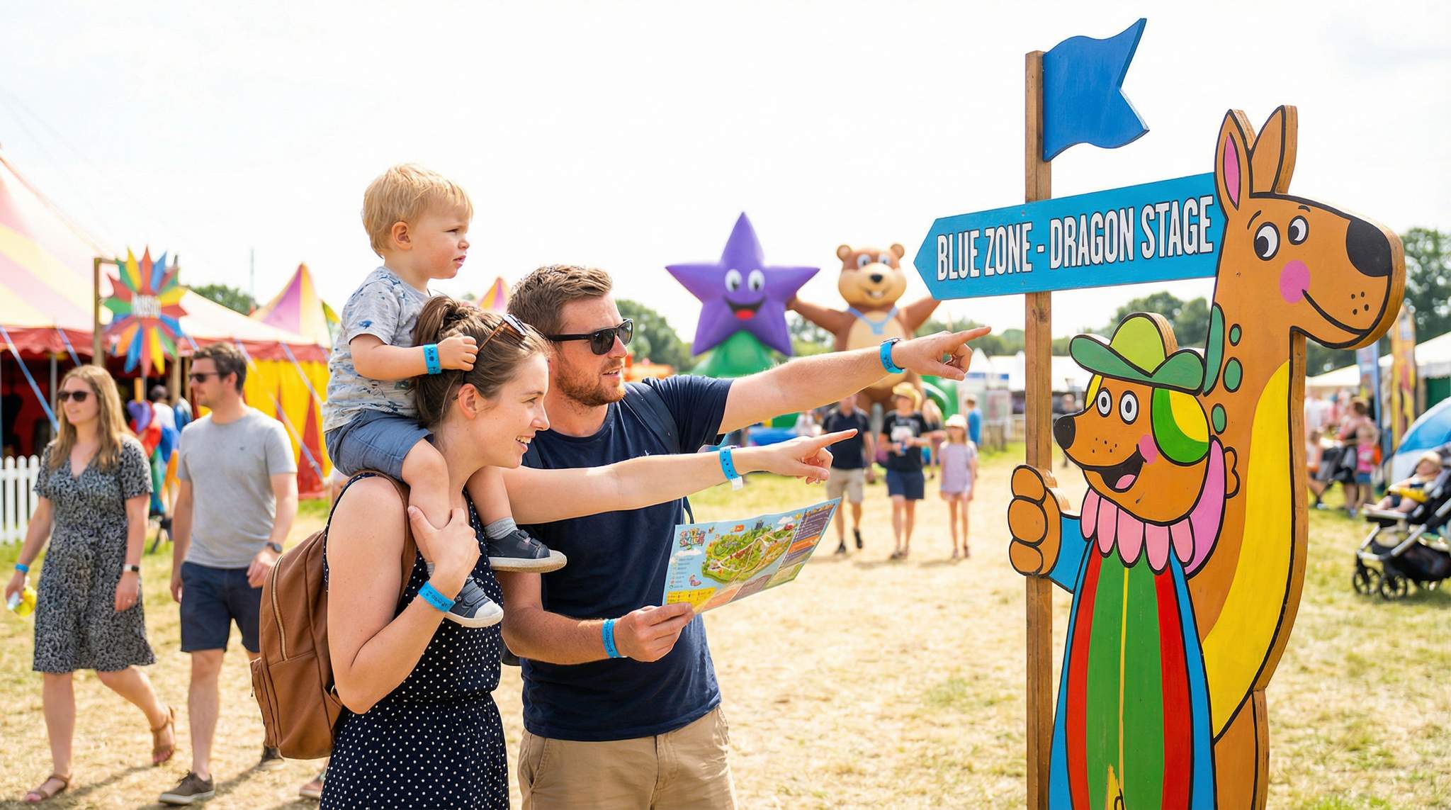 Transform your festival into a wonderland for families with color-coded zones and kid-friendly mascots.
