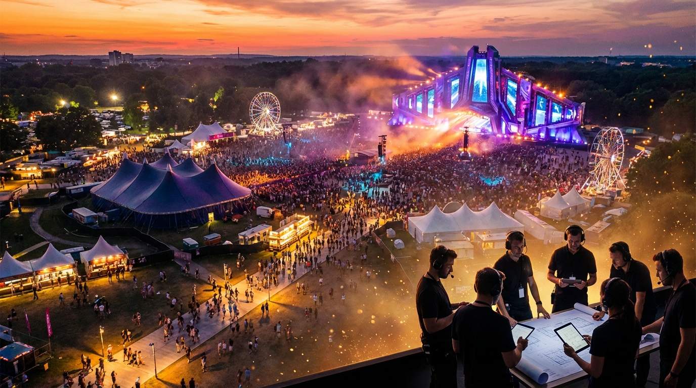 Empty fields become city-sized celebrations for 100,000+ fans at mega-festivals.
