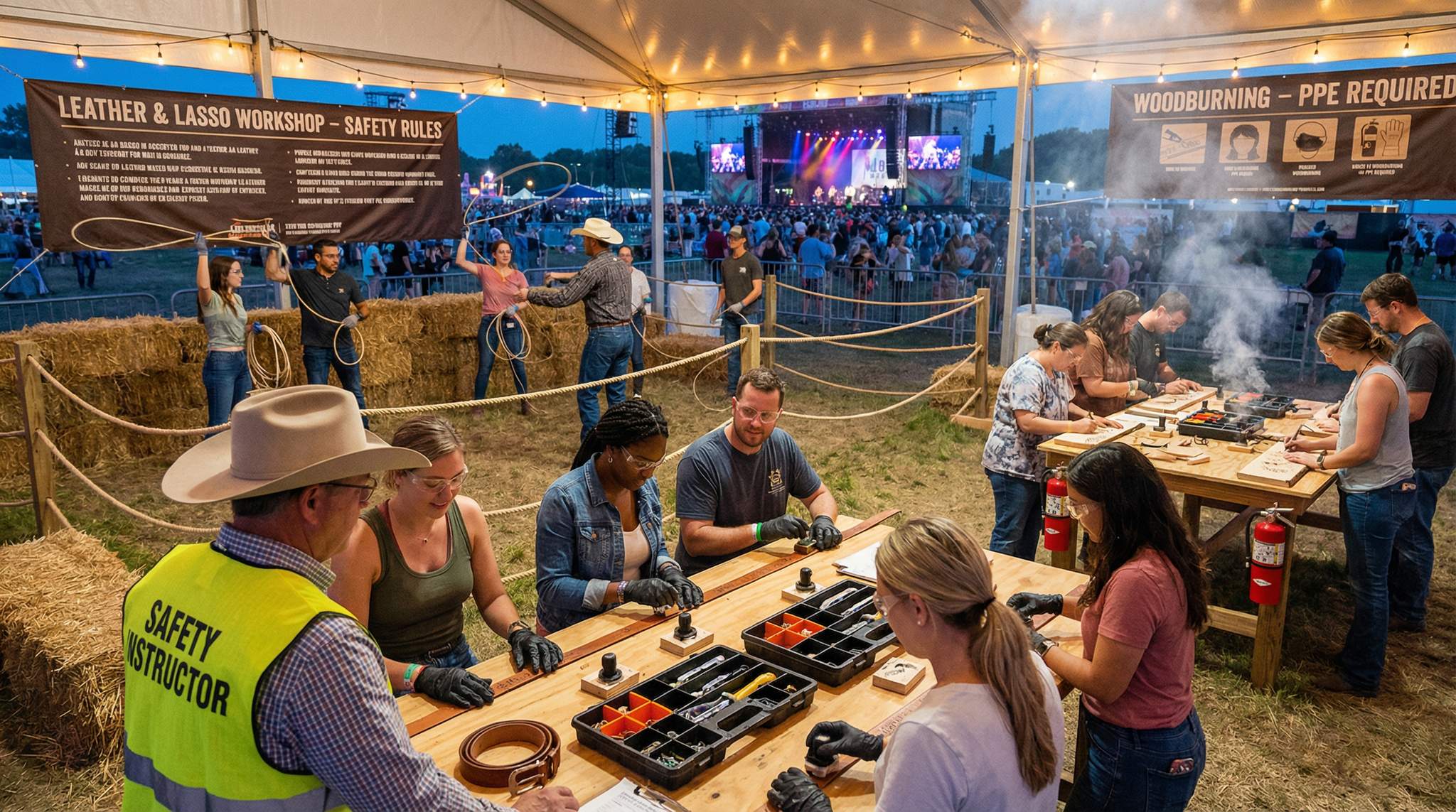 Leatherwork and lasso workshops can be a highlight at country festivals—if they&#8217;re run safely.
