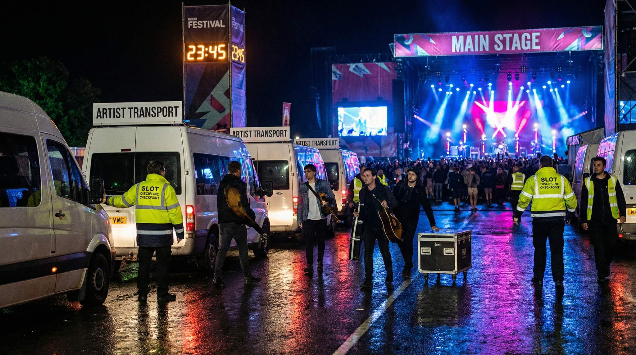 Artist Transport Hubs and Slot Discipline in Large-Scale Festivals