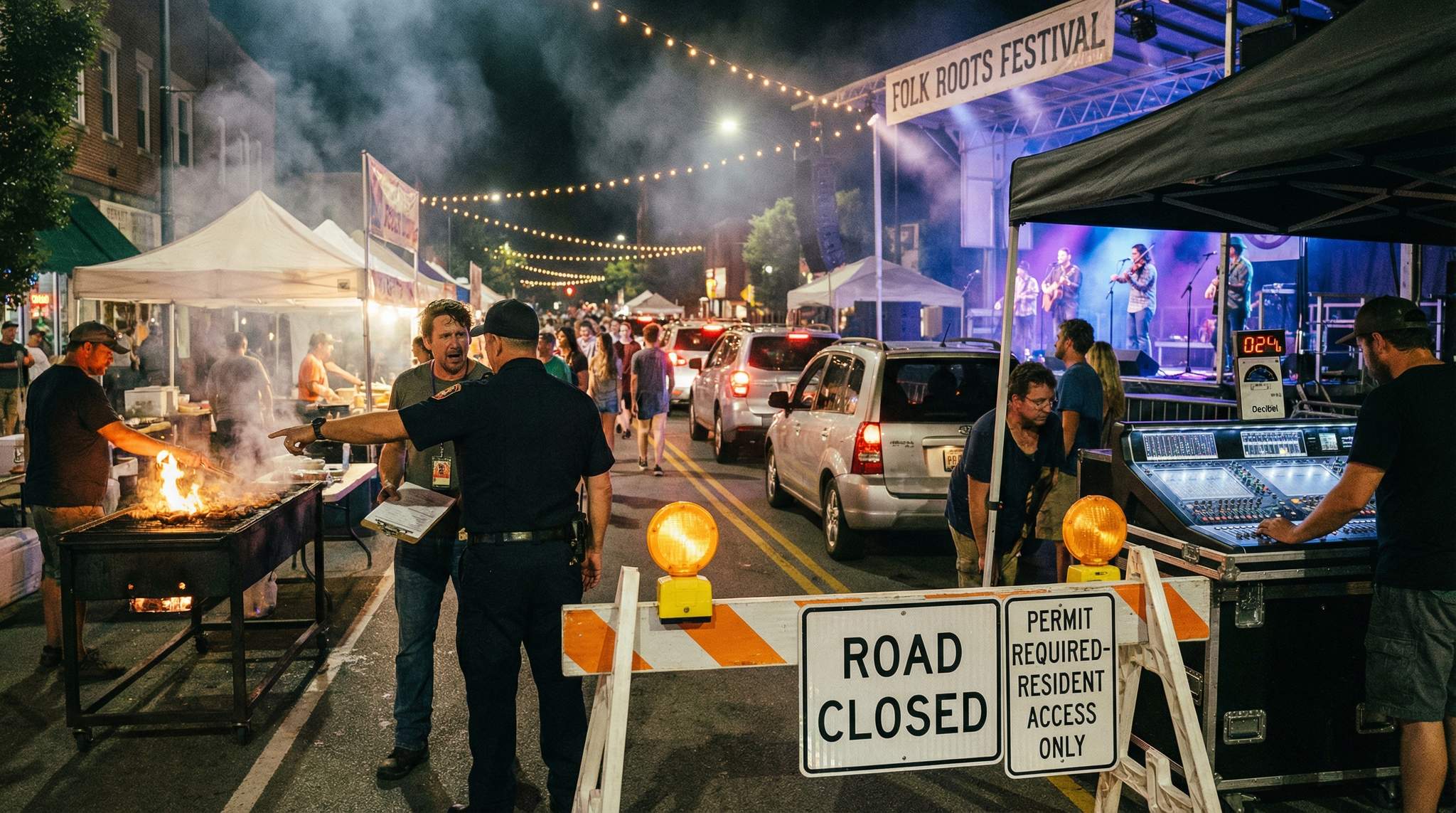 Folk Festival Permit Stack: Street Closures, Open Flames, and Noise Variances