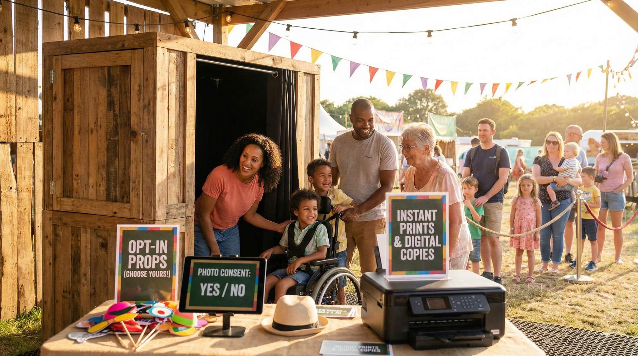 Make your festival photo booth inclusive and consent-friendly with opt-in props, accessible step-free setups, instant prints &#038; digital copies, and short queues.
