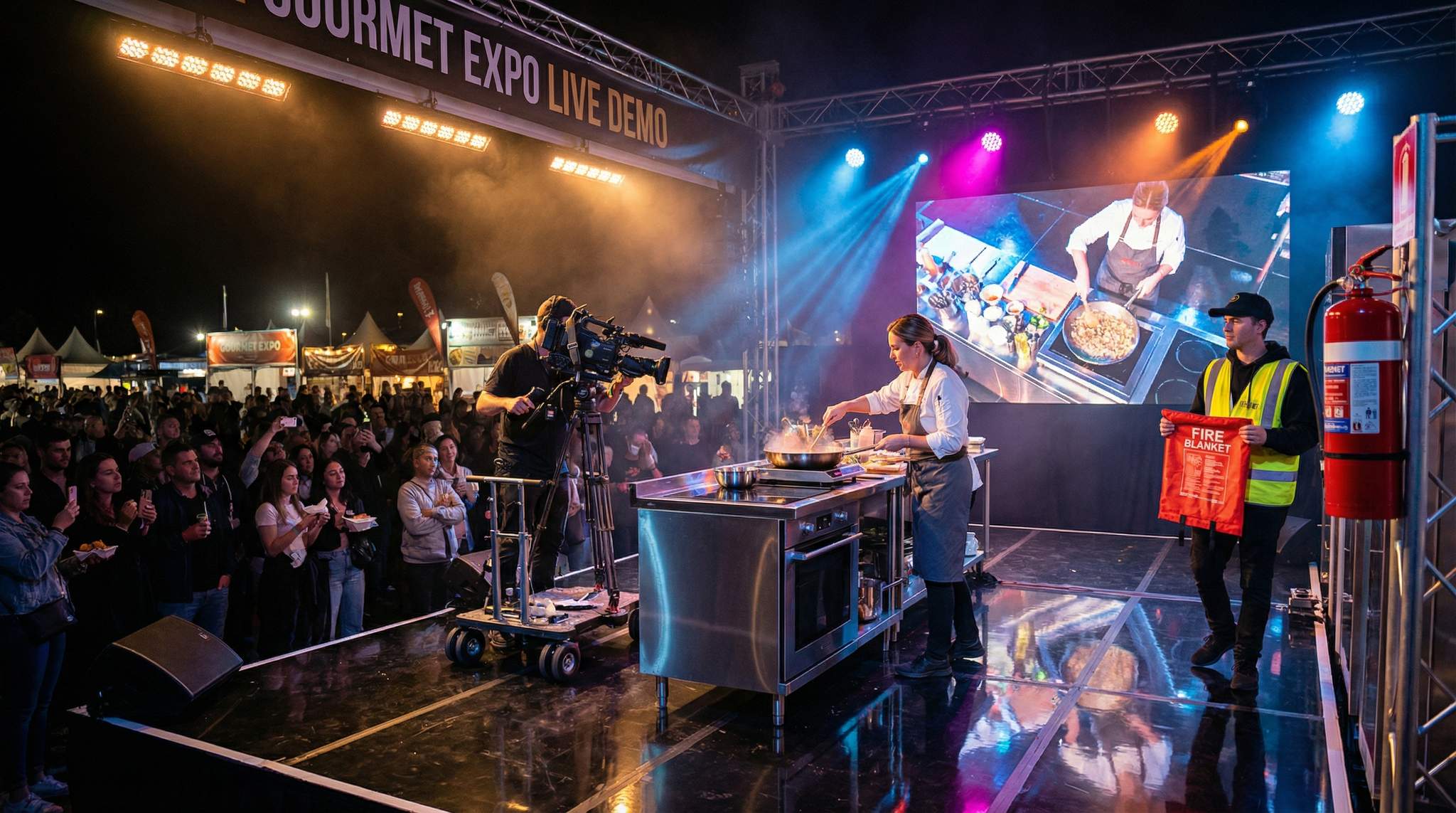 Chef Demo Stage Production & Safety at Food Festivals &ndash; Camera Angles, Induction Cooktops, and Fire Blankets