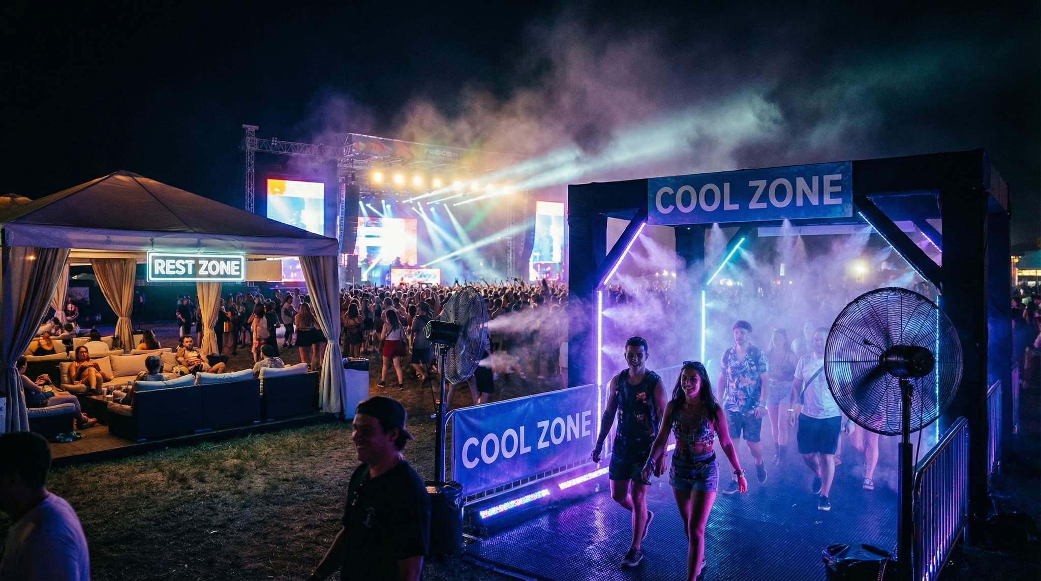Cooling Everywhere at Summer Festivals: Misters, Fans, and Rest Zones
