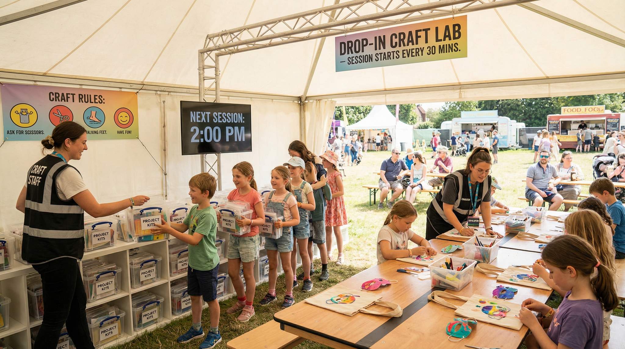 Drop-In Craft Labs, Not Chaos Tables: Structured Creativity at Family Festivals