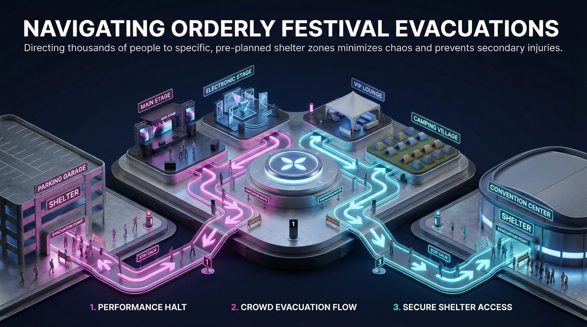 Navigating Orderly Festival Evacuations