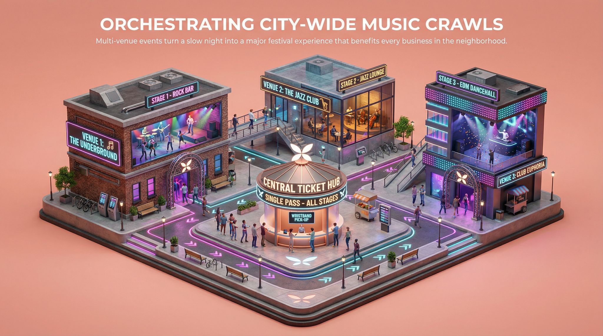 Orchestrating City-Wide Music Crawls