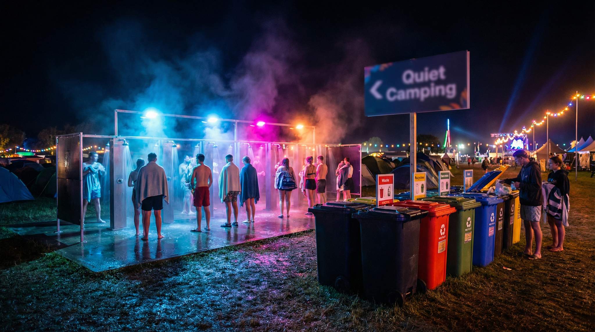 Festival Camping Villages: Showers, Quiet Hours, and Waste Management