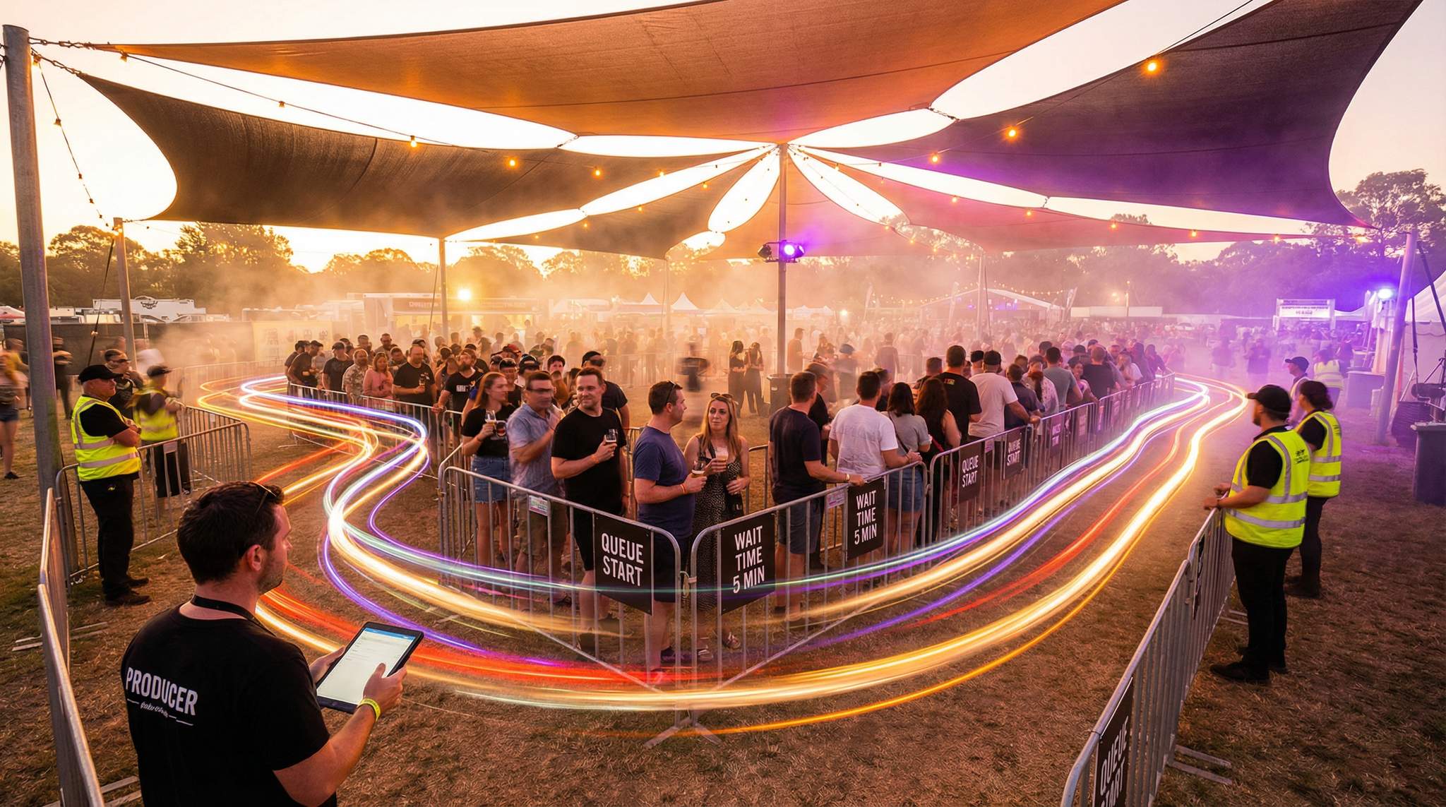 Festival Sampling Line Engineering: Throughput, Shade, and Fairness