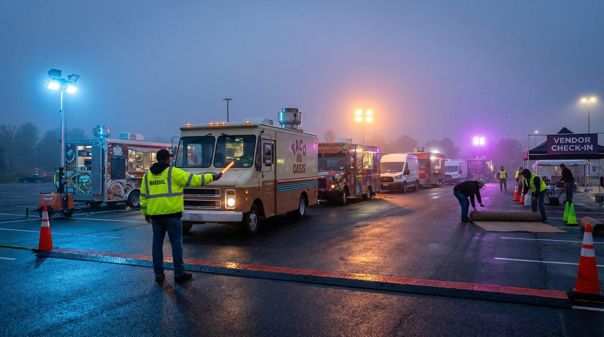 Load-In/Out Choreography for Food Festival Equipment &ndash; Stagger Trucks, Assign Marshals, Protect Curbs to Build and Strike Without Chaos