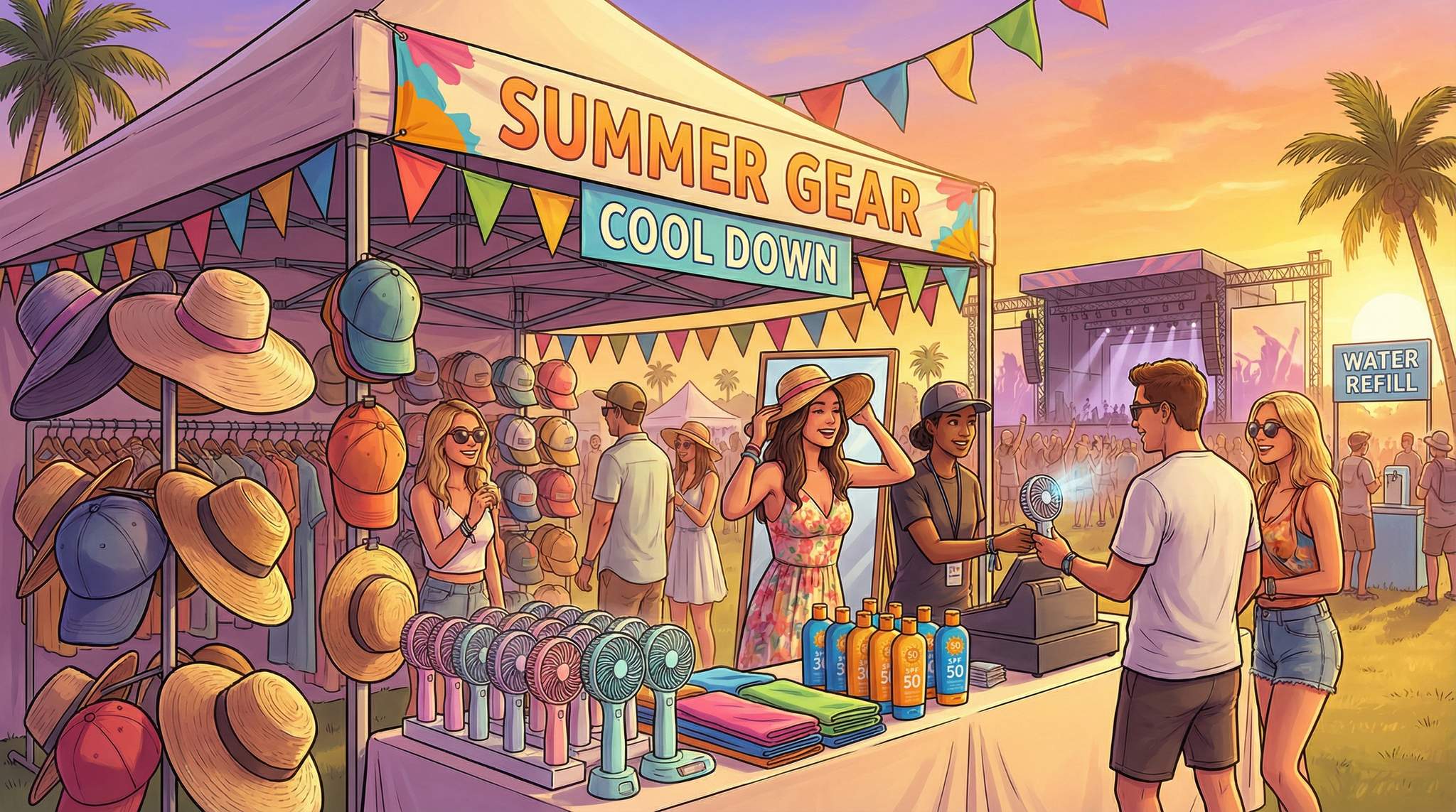 Merch That Sells in Summer Festival Heat: Hats, Misters, and SPF