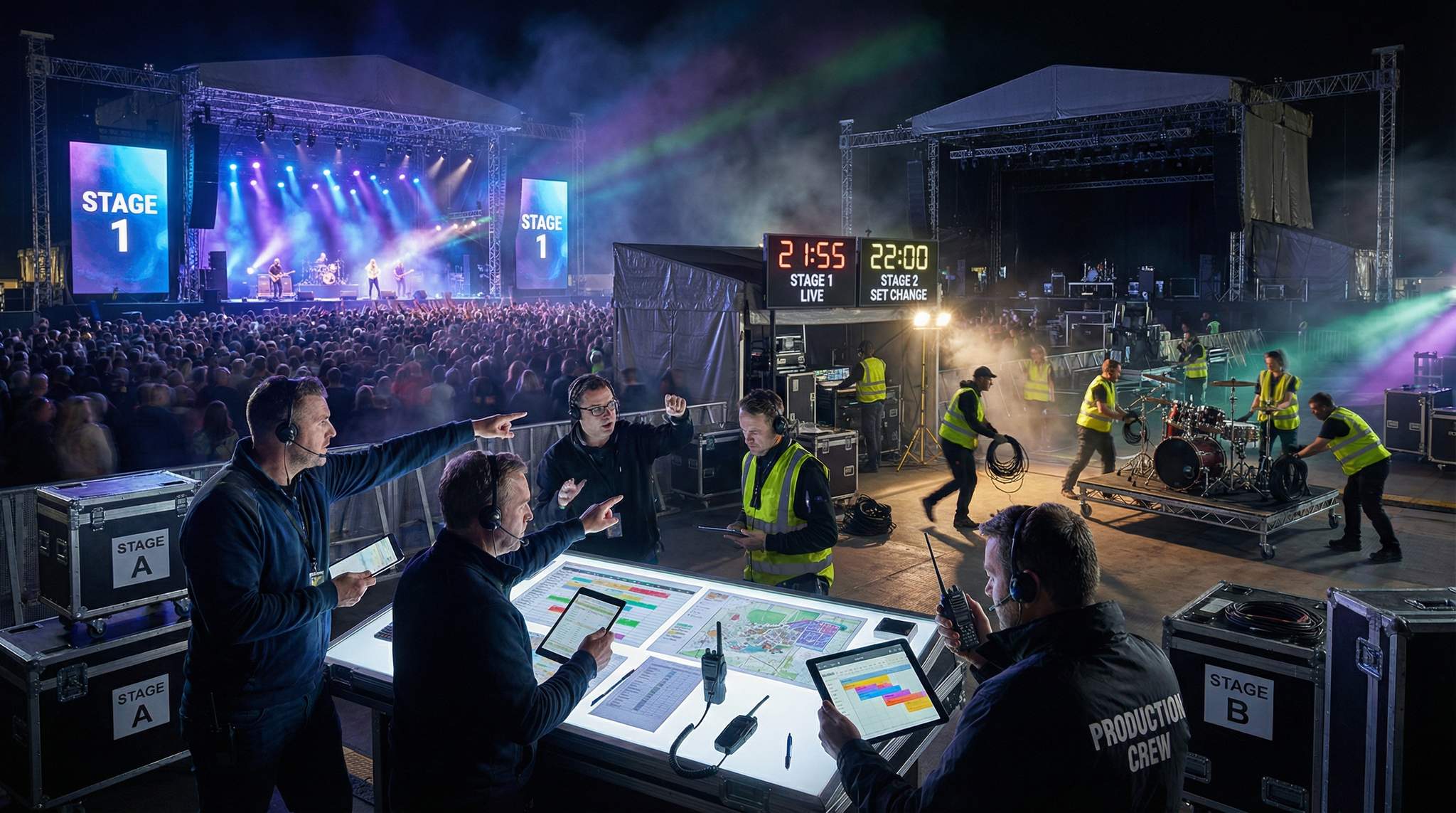 Keep multiple festival stages running seamlessly with smart scheduling, quick changeovers, and clear crew communication&mdash;eliminate downtime and overlapping acts.
