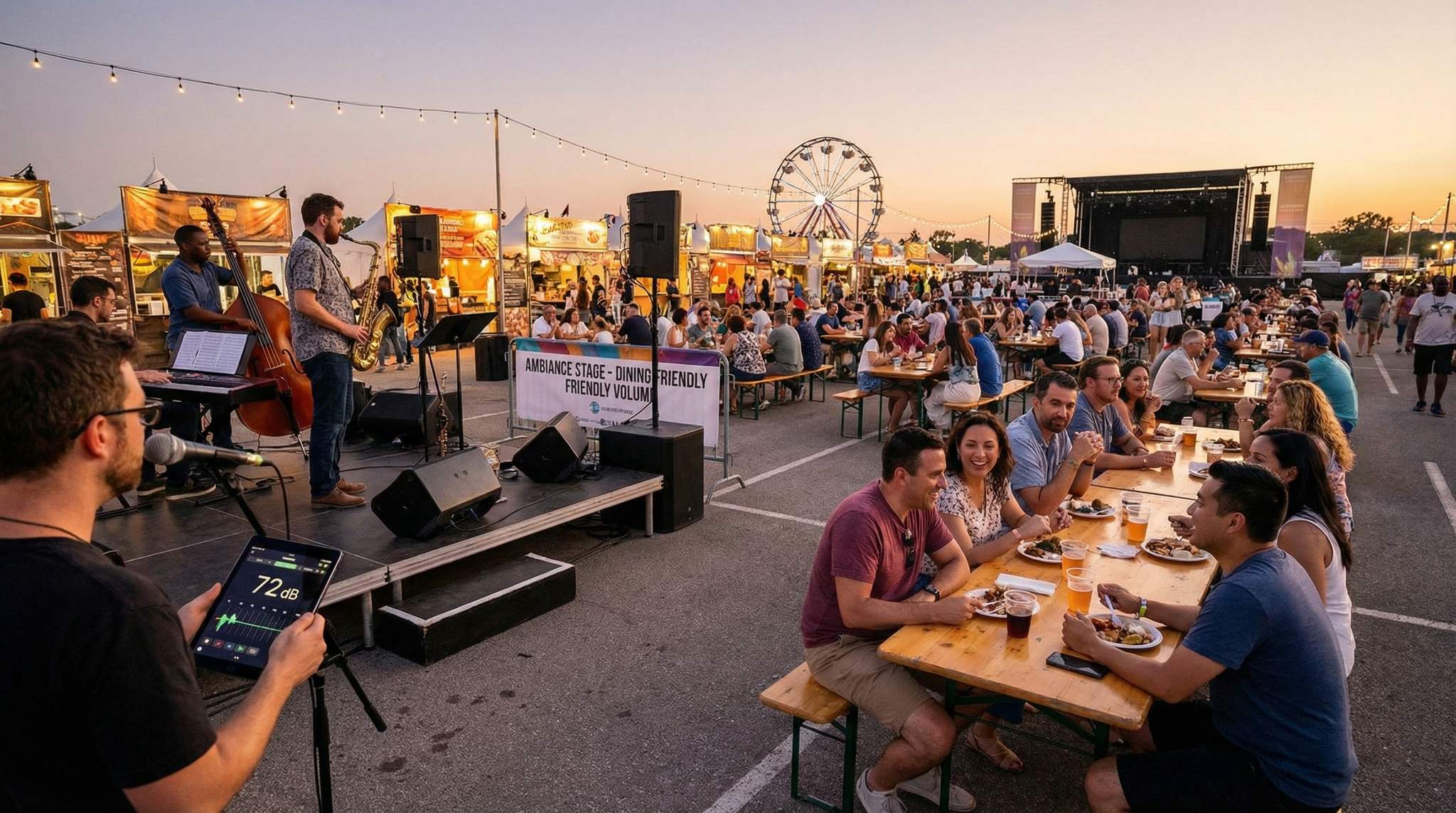 Music that Serves Dining, Not Overpowers It: Setting Decibel Caps and Stage Orientations to Keep Conversation Possible at Food Festivals