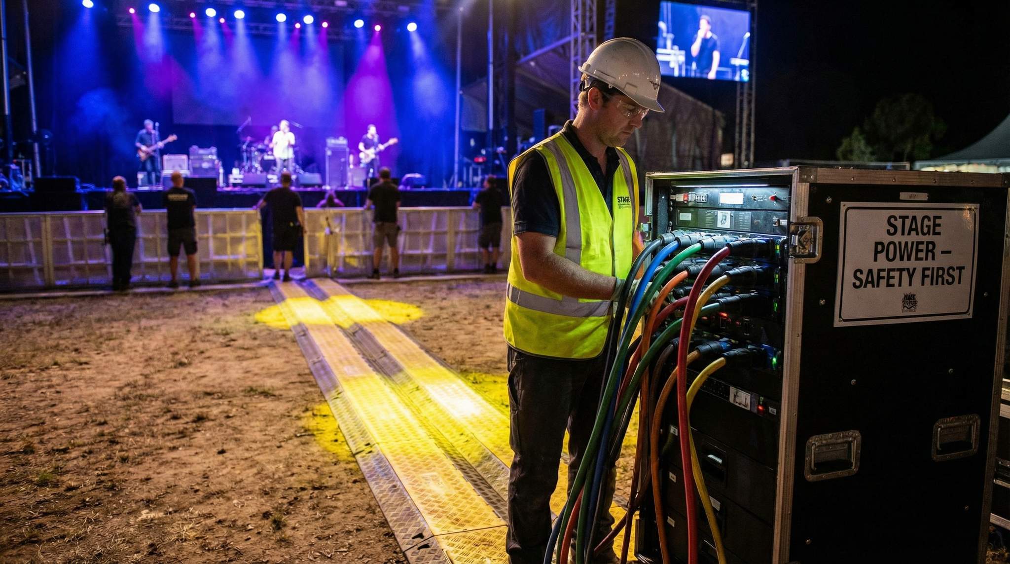 How to manage festival stage power safely: PDUs, separate audio & lighting circuits, grounding, cable ramps, and weatherproof connectors to keep everyone safe.

