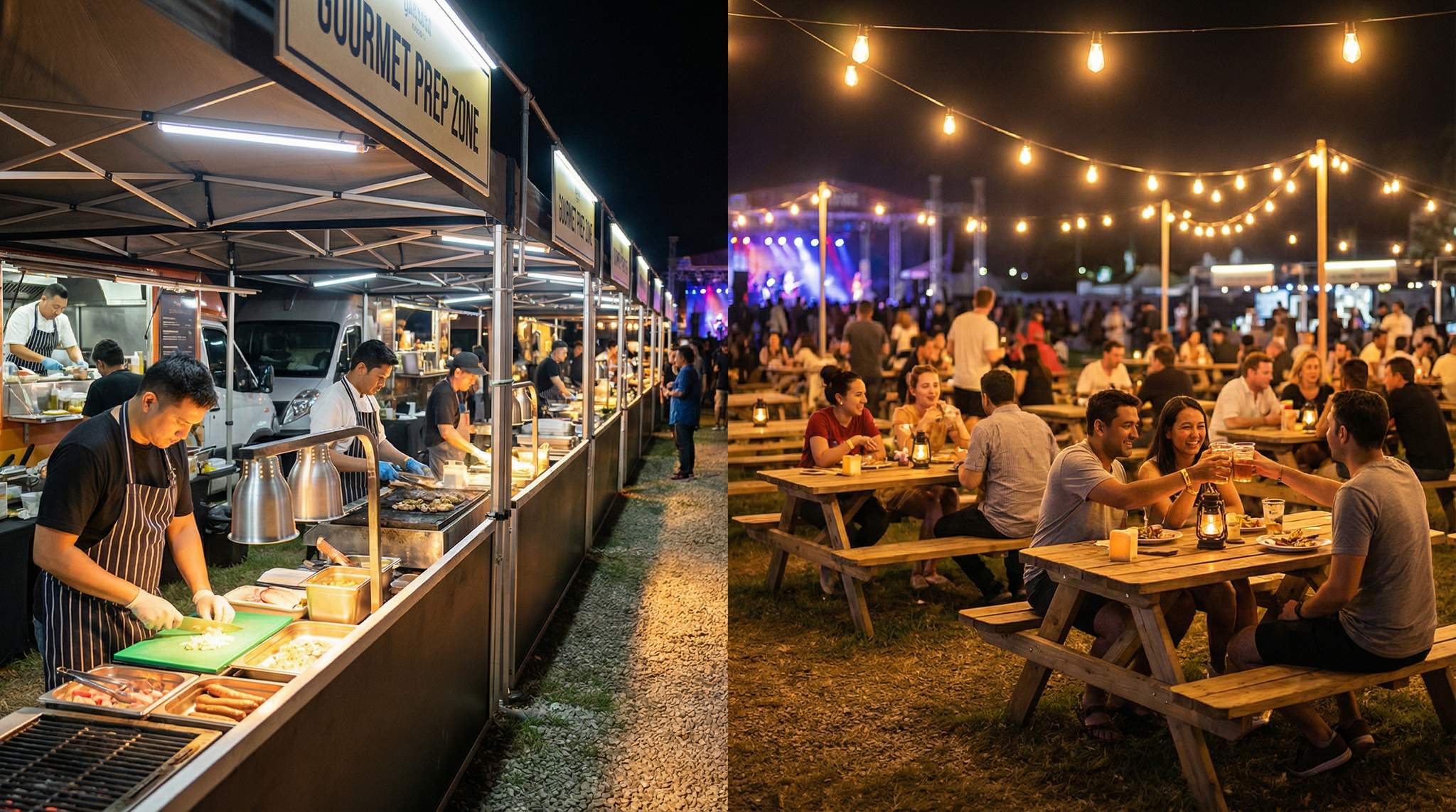 Prep & Dining Lighting Plans for Food Festivals: Glare-Free Task Light and Warm Ambience After Dark