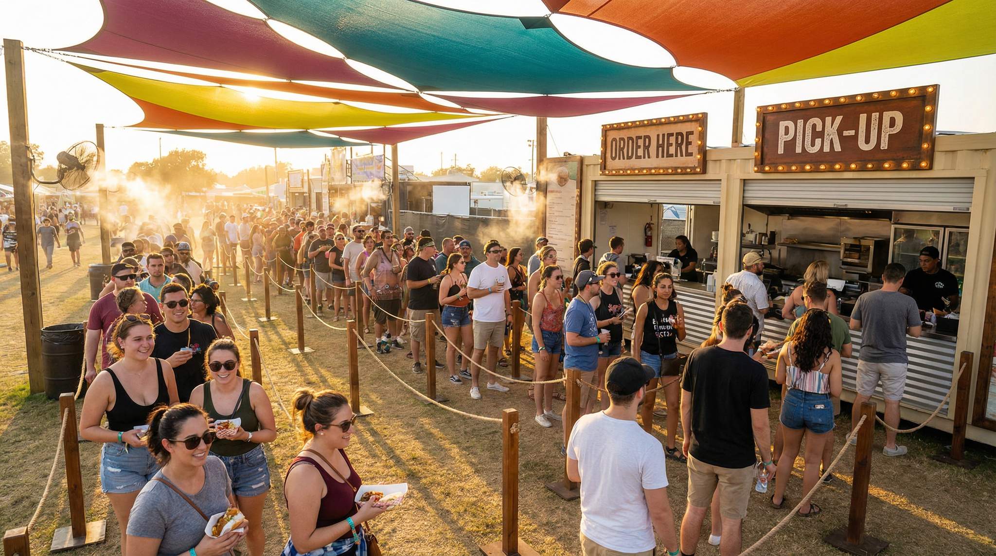 Queue Design at Festival Food Stalls: Serpentine Lines, Shade Sails, and Split Pick-Up Windows
