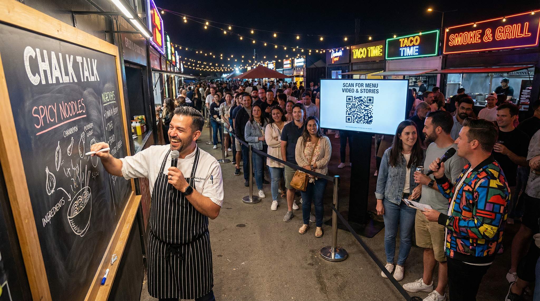 Queue Entertainment & Menu Education: Enriching Food Festival Waits with Chalk Talks, QR Videos & Roving MCs