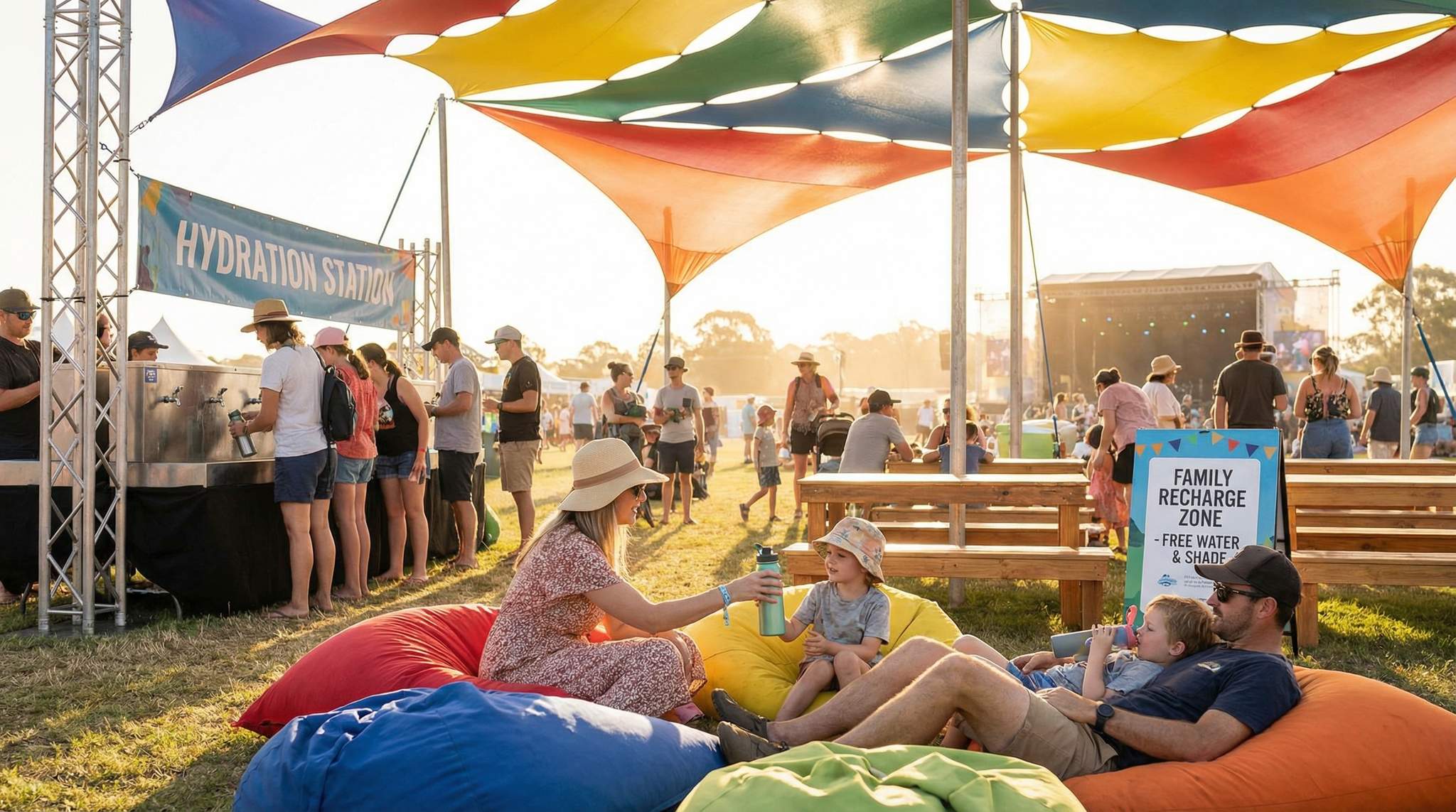 Discover how veteran festival producers make shade, hydration, and rest core infrastructure to keep families safe, comfortable, and enjoying the event longer.
