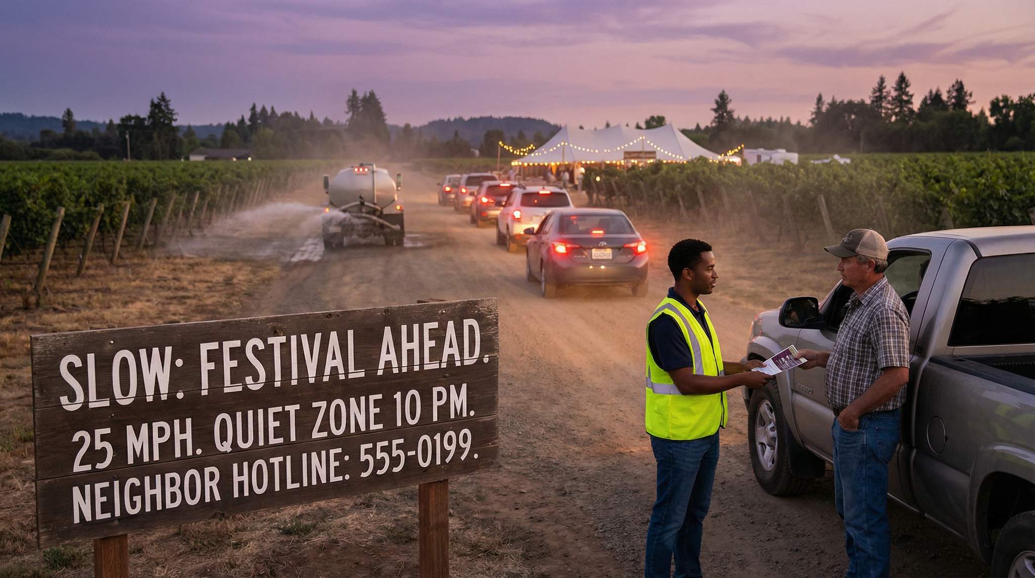 Signage & Neighbor Communications on Country Roads: Posting Speed, Dust, and Quiet-Hour Notices with Hotlines to Keep Your Wine Festival Welcome in the Community