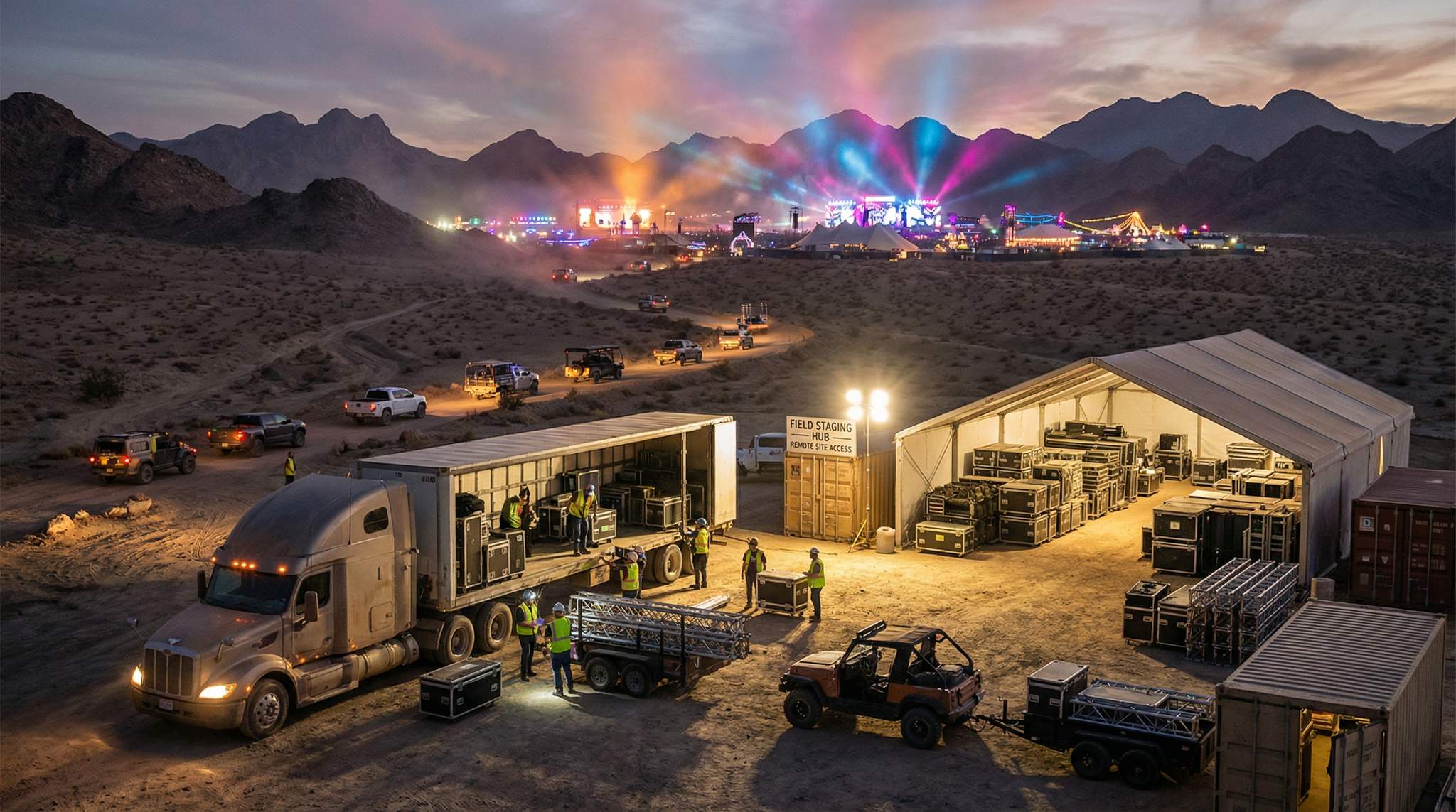 Staging Yards & Hubs: A Two-Node Logistics Model for Remote Festivals