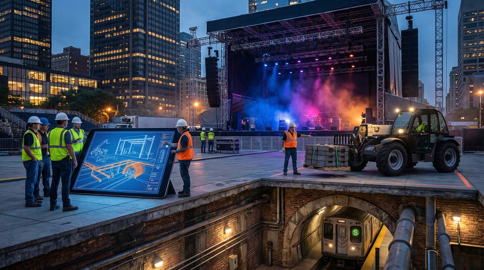 Planning an inner-city festival? Learn how to safely place stages on city plazas by navigating underground utilities and load limits.
