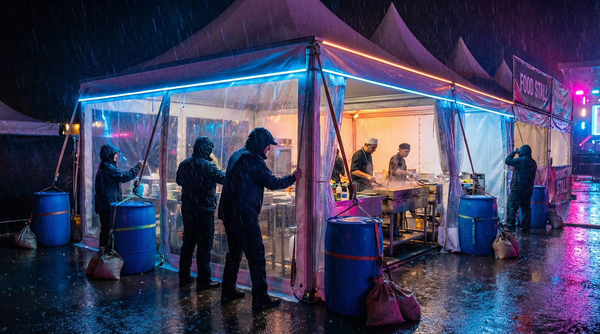 Weather-Proofing Food Festival Kitchens for Rain & Wind: Sidewalls, Weights & Anchoring to Keep Cooking Through Squalls