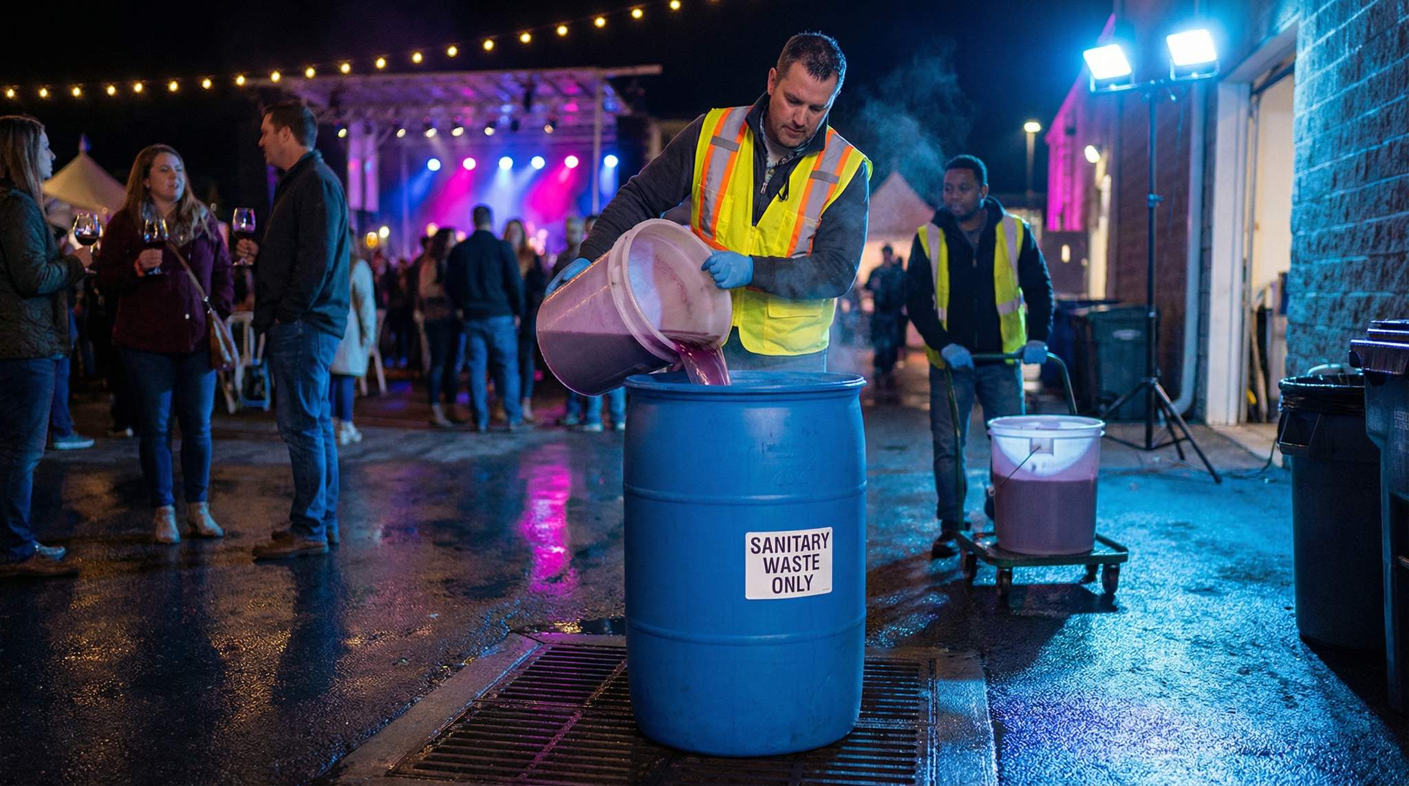 Wine Waste Disposal & Storm-Drain Protection &ndash; Routes dump buckets to sanitary systems, not streets. Avoids fines and messes at your wine festival.
