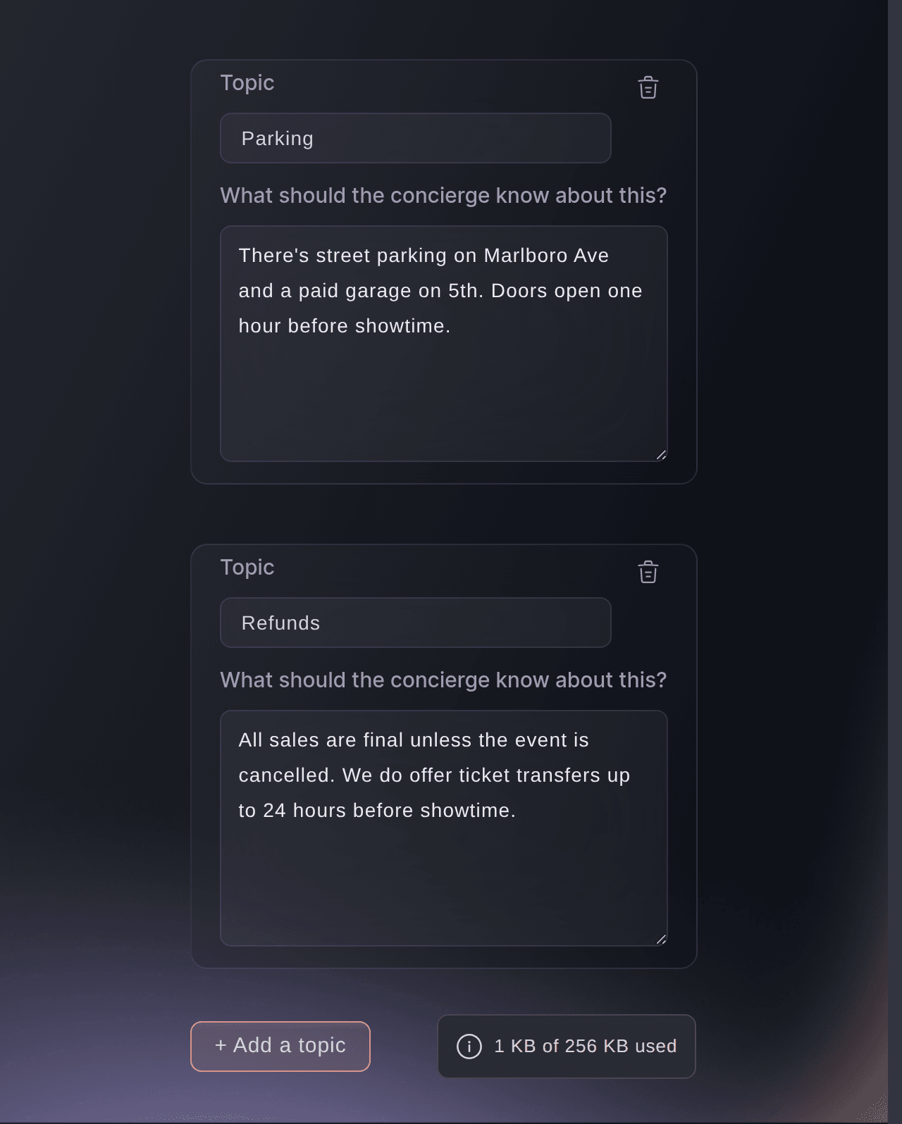 Ticket Fairy concierge knowledge base with question and answer entries the assistant replies from