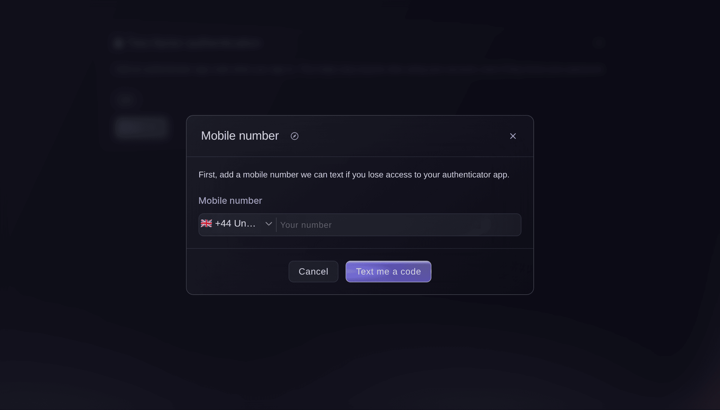 Ticket Fairy two-factor setup dialog asking for a mobile number for backup text codes