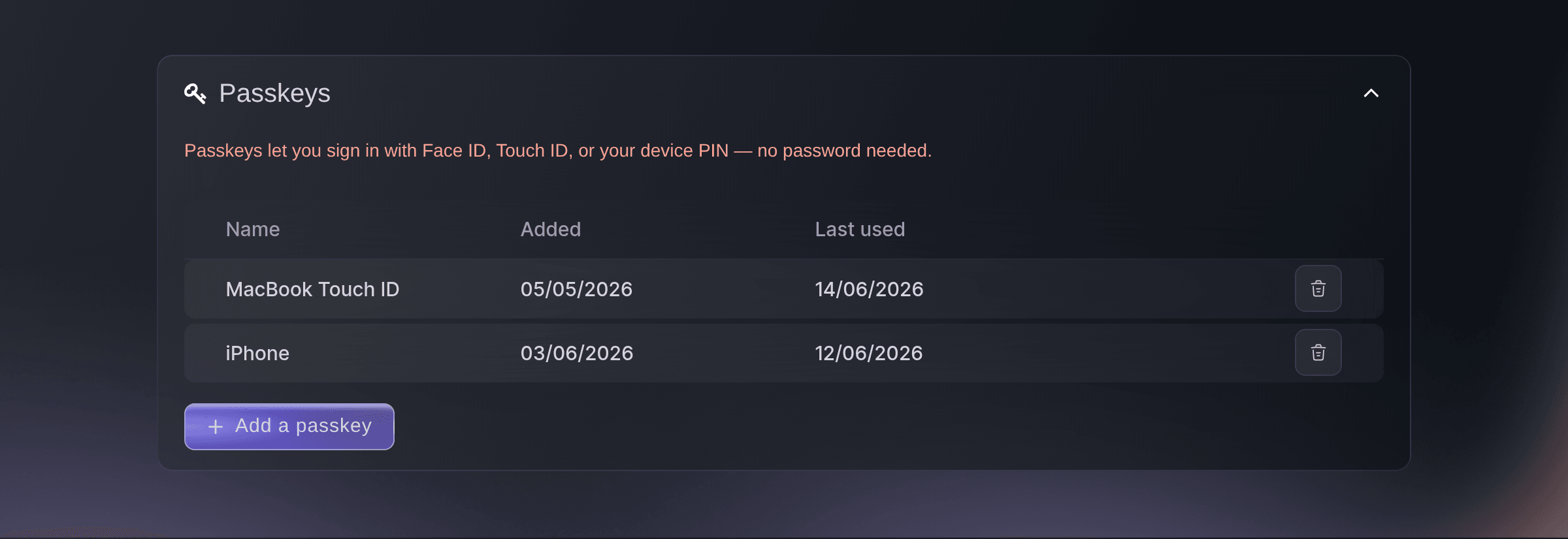 Ticket Fairy Passkeys card listing a laptop and a phone with the dates each was added and last used