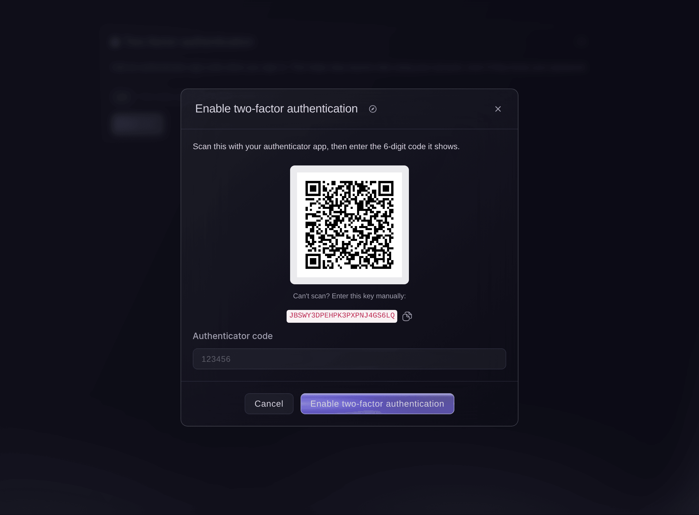 Ticket Fairy two-factor setup dialog with a code to scan, the key to enter by hand and the authenticator code field