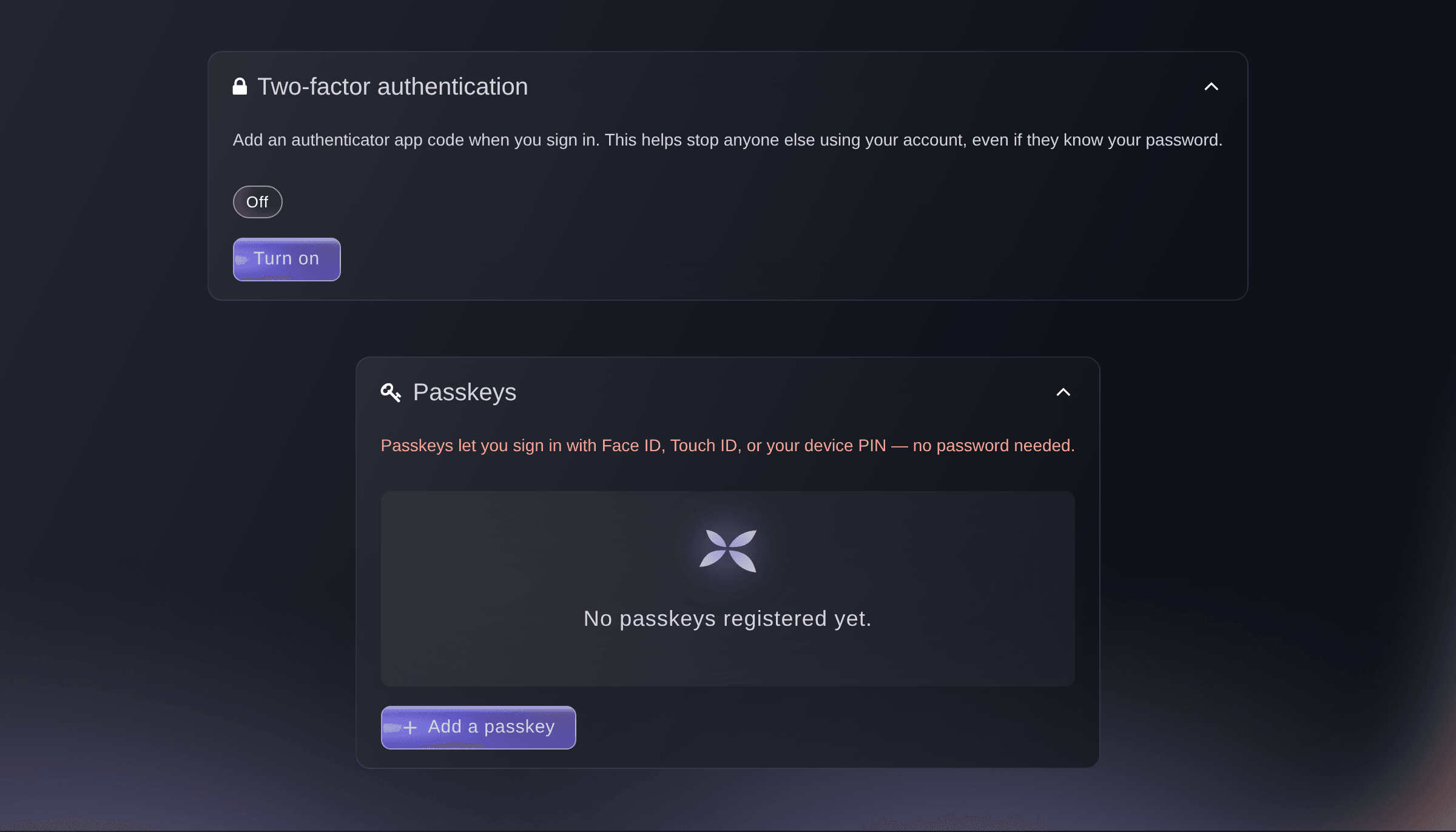 Ticket Fairy Account Settings with the Two-factor authentication card switched off and an empty Passkeys card
