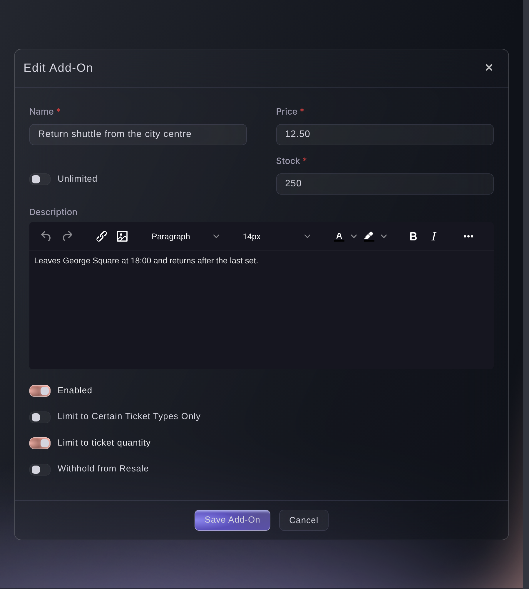 The Edit Add-On form in Ticket Fairy, with a return shuttle priced at 12.50 and 250 in stock