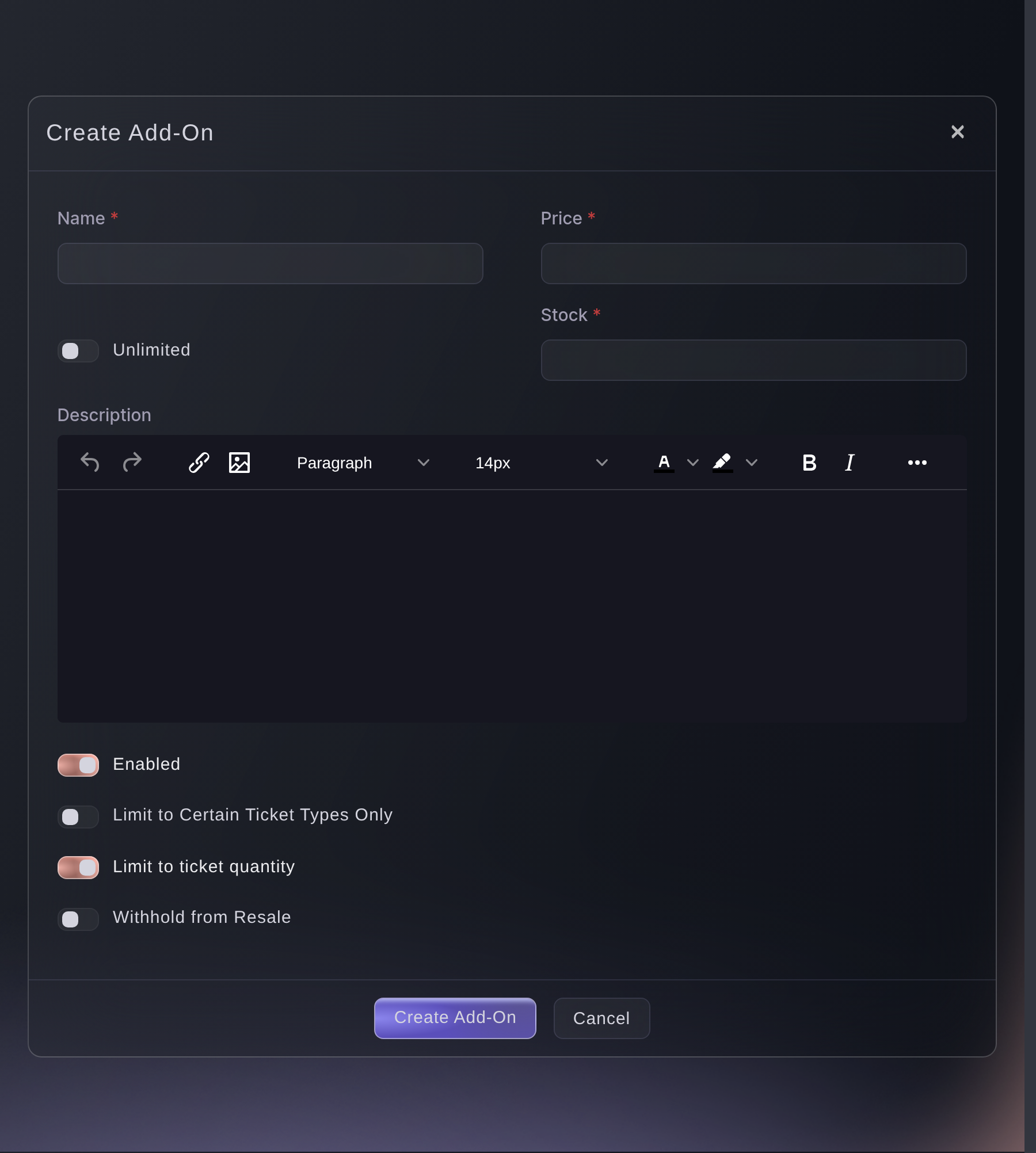 The Create Add-On form in Ticket Fairy, with name, price, stock, a description editor and four toggles