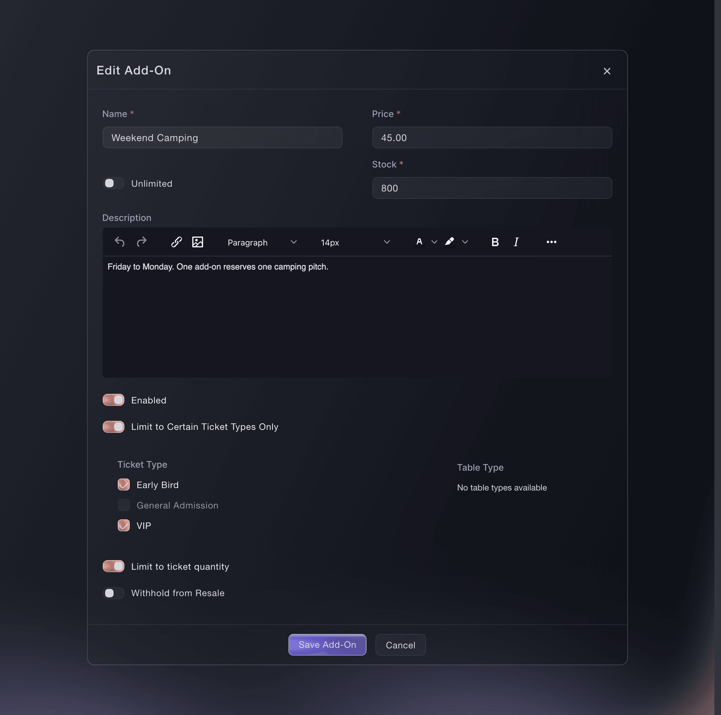 Ticket Fairy add-on form limited to certain ticket types