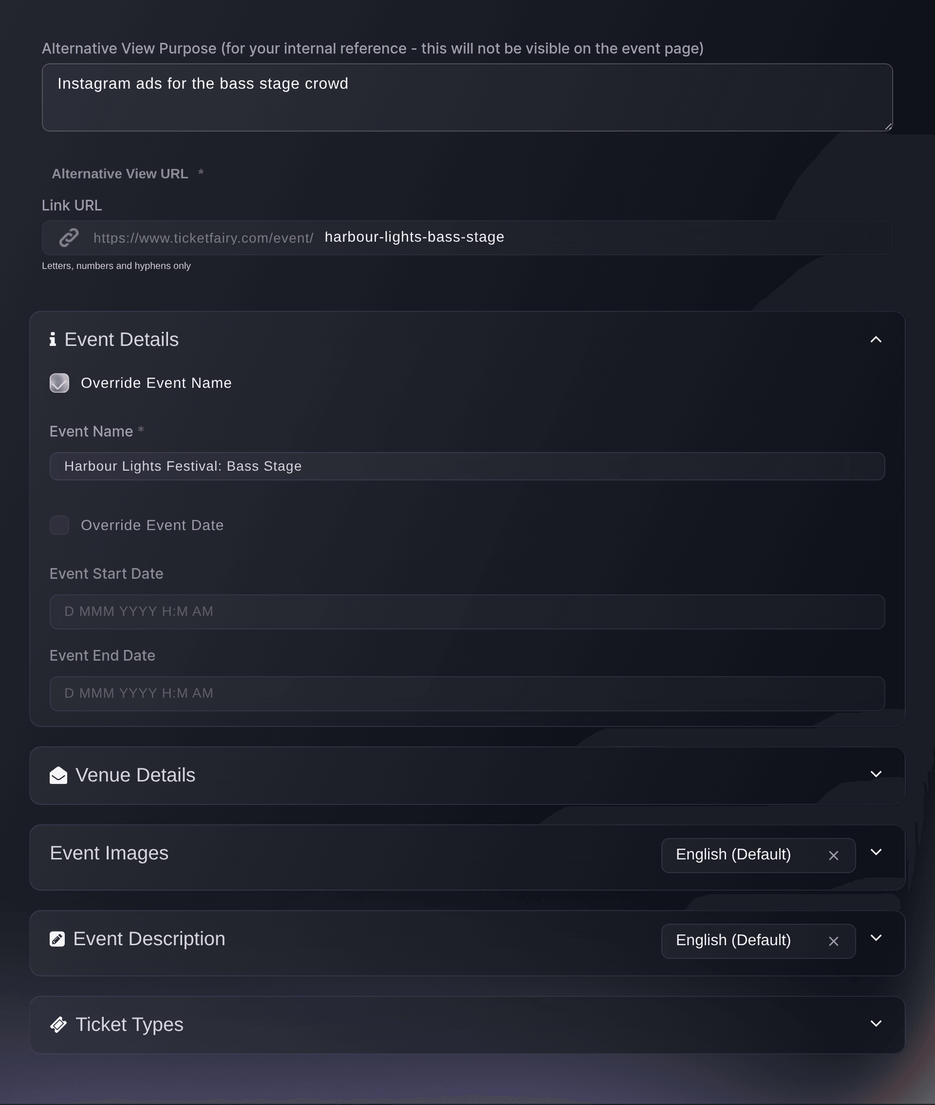 Ticket Fairy Create New Alternative View form with its purpose, address and an overridden event name