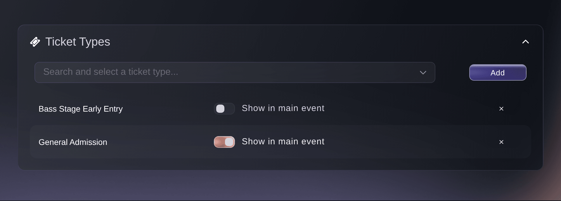Ticket Fairy Ticket Types section of an alternative view with two ticket types and their Show in main event switches