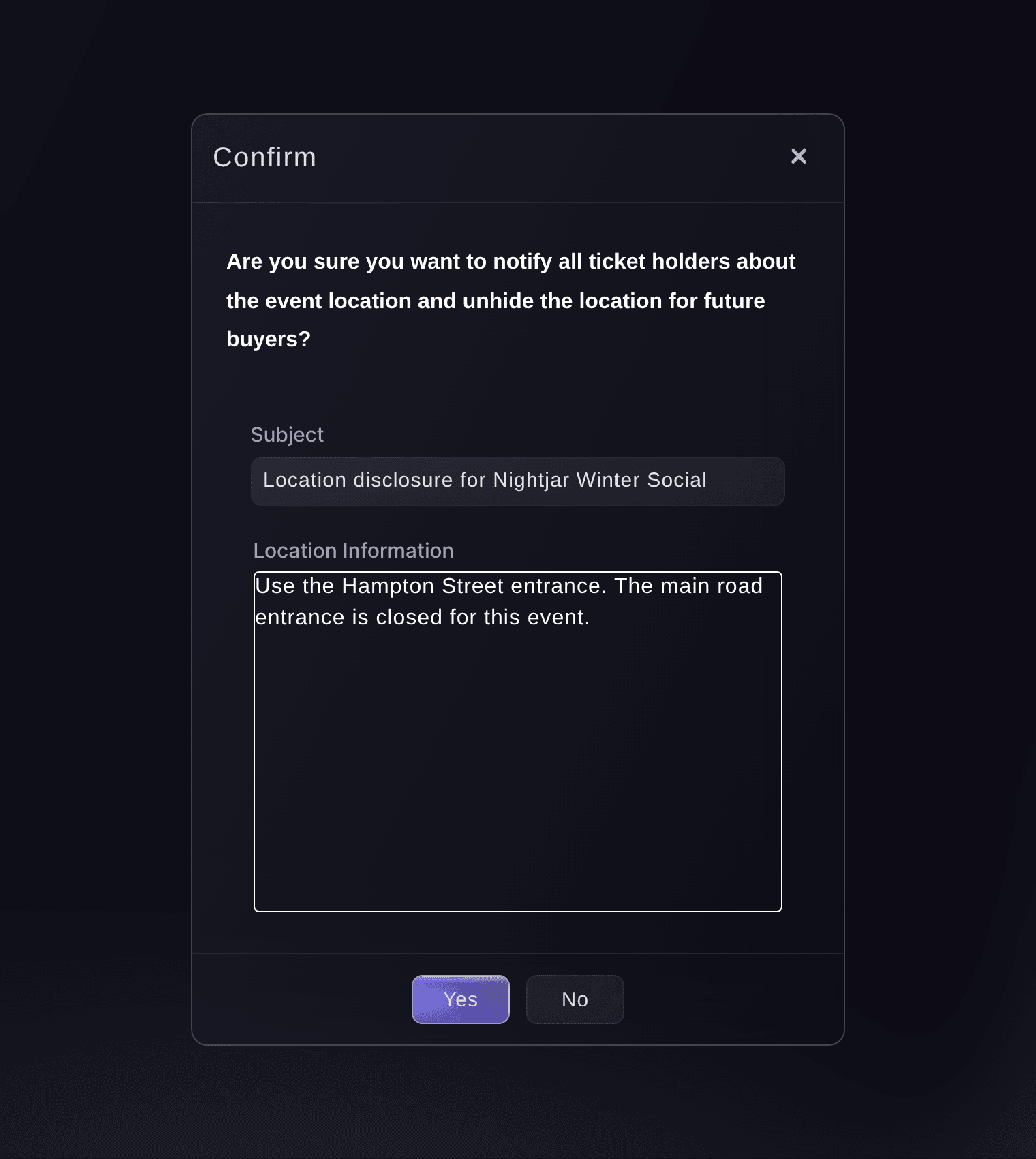 Ticket Fairy Announce Location confirmation with the subject and location information