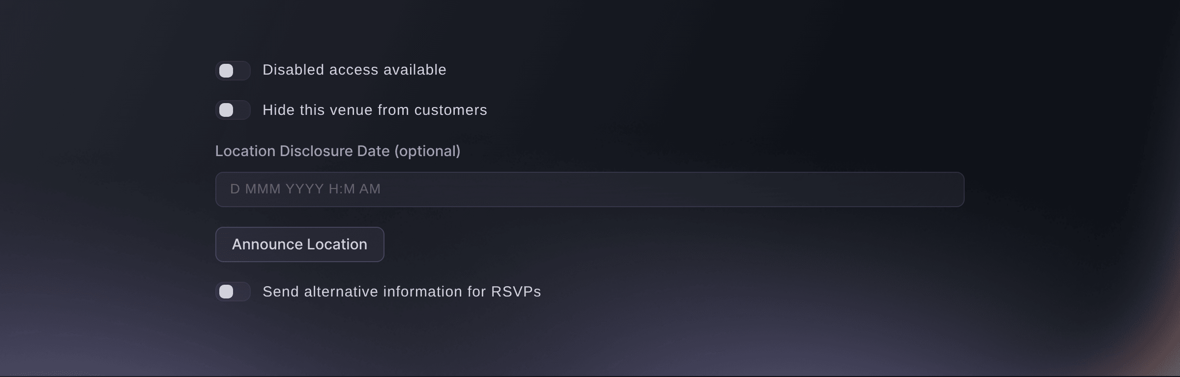 Ticket Fairy Venue Details controls with Hide this venue from customers, the location disclosure date and the Announce Location button