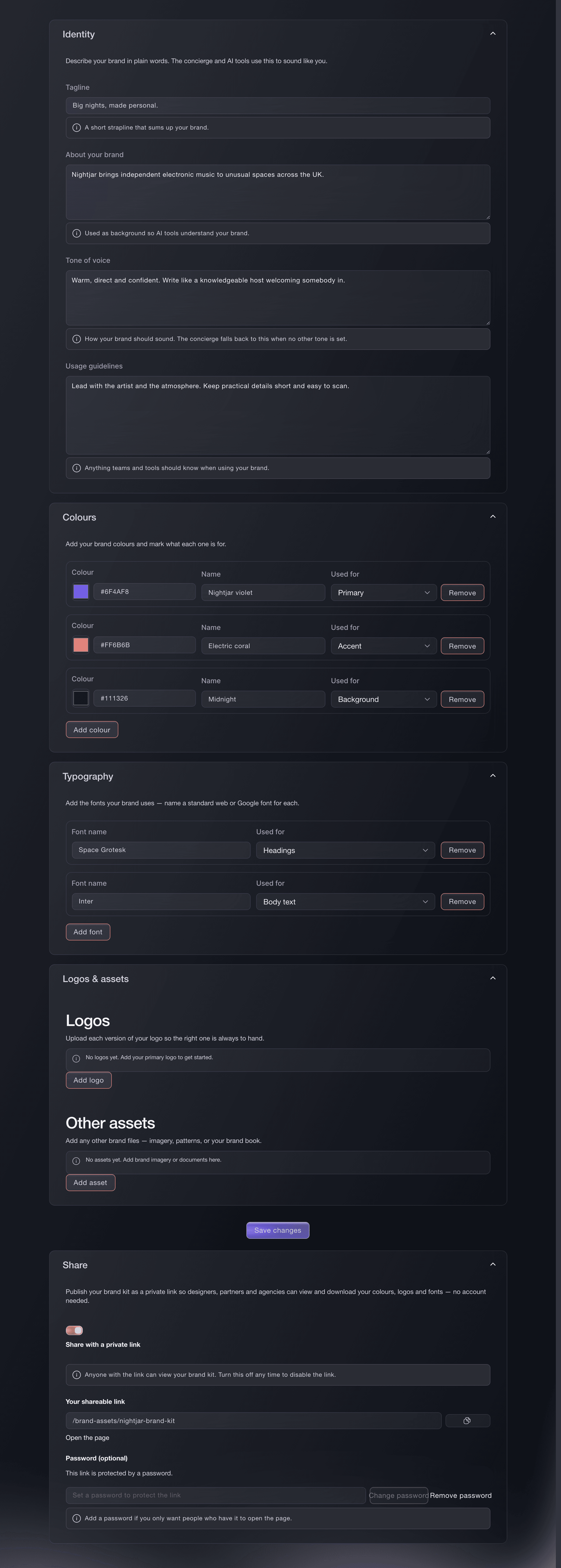 Ticket Fairy Brand Guidelines editor with Identity, Colours, Typography, and Logos & assets cards