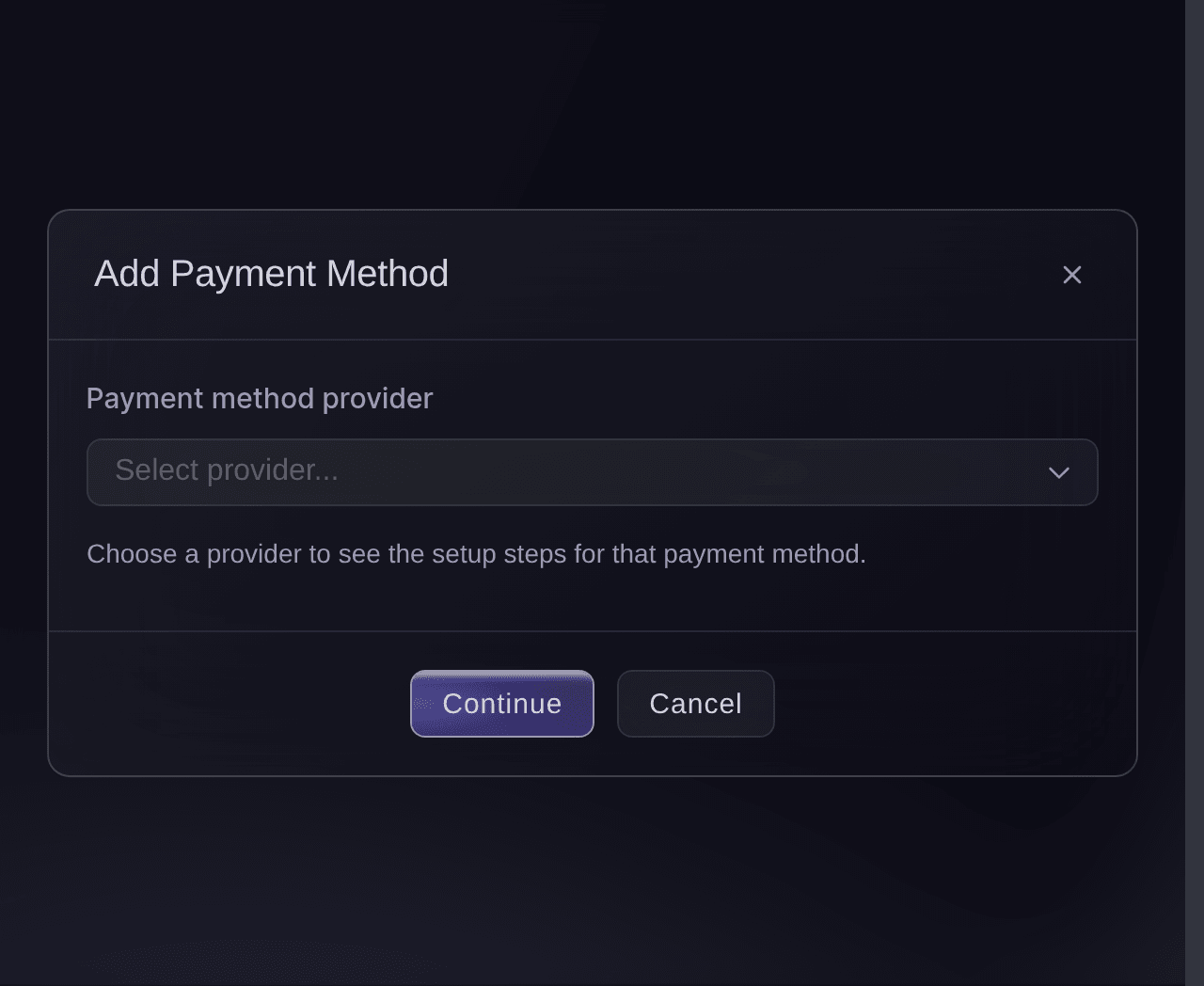 Ticket Fairy Add Payment Method dialog with the Payment method provider choice, before a provider is picked