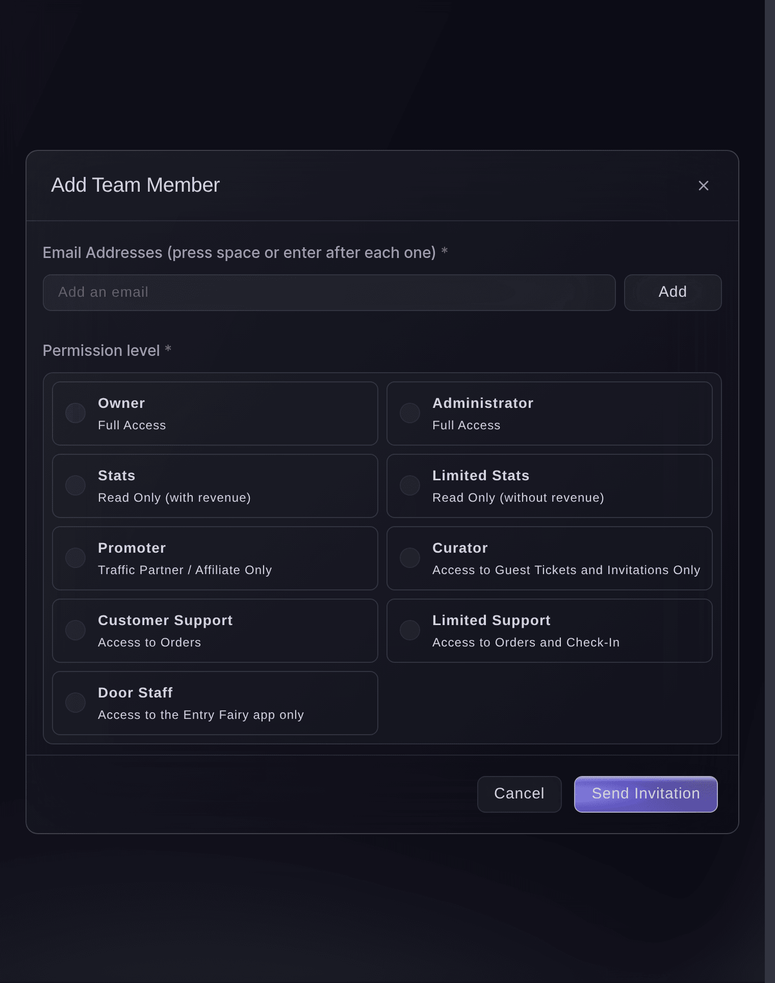 Ticket Fairy Add Team Member dialog with the email addresses field and a card for each permission level
