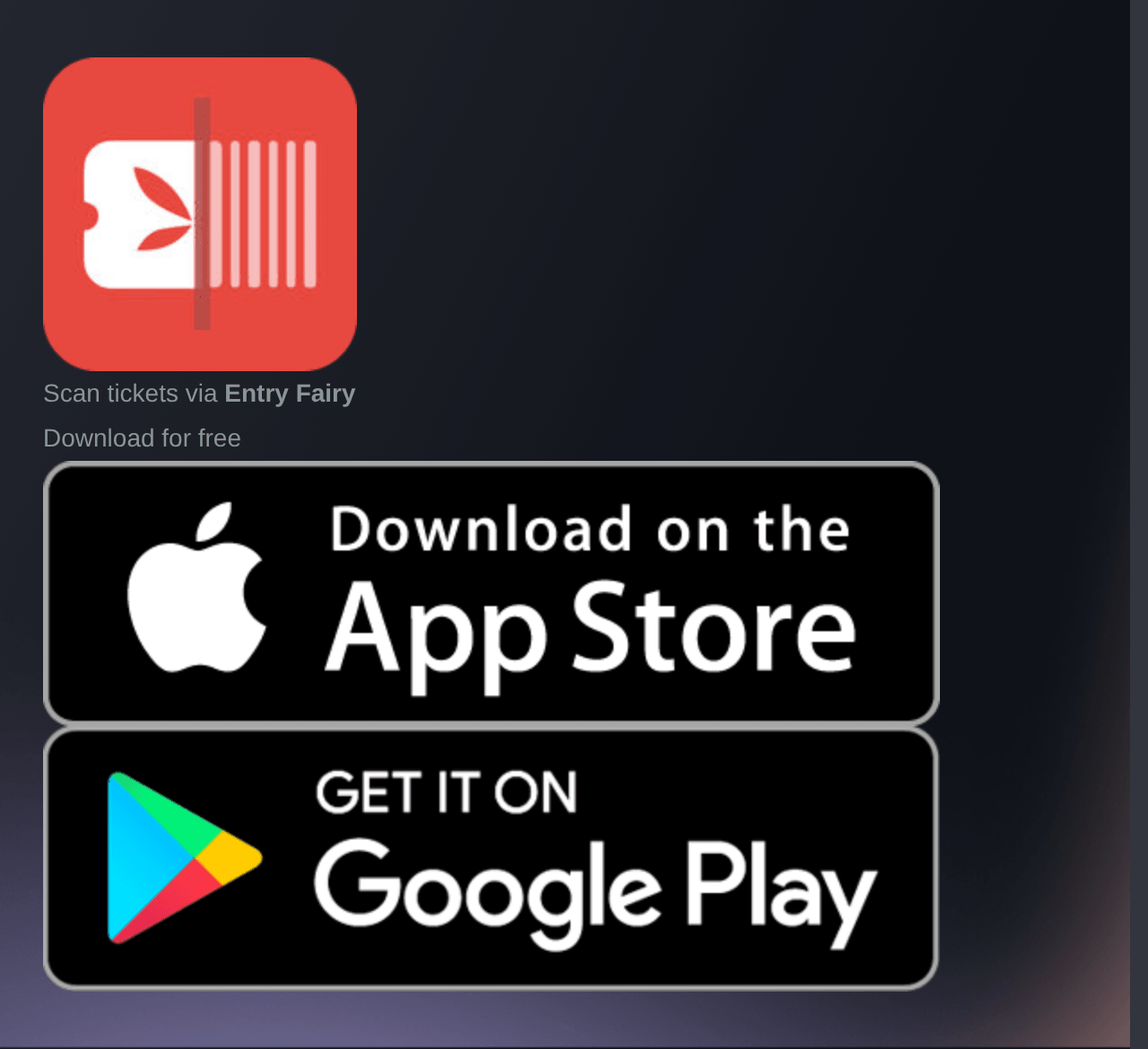The Entry Fairy card on the Ticket Fairy check-in report, with Download App