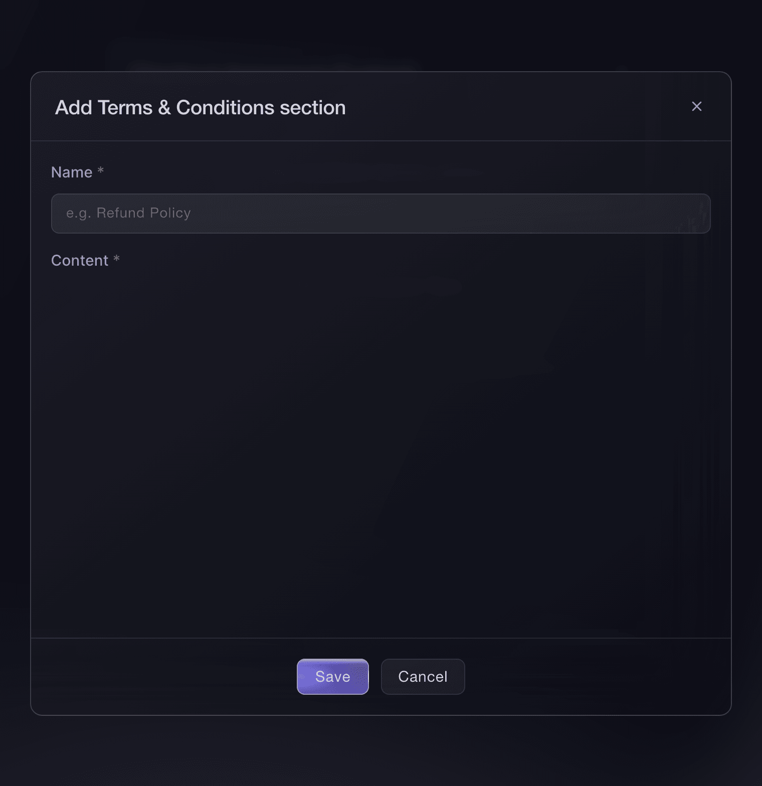 Ticket Fairy Add Terms & Conditions section dialog