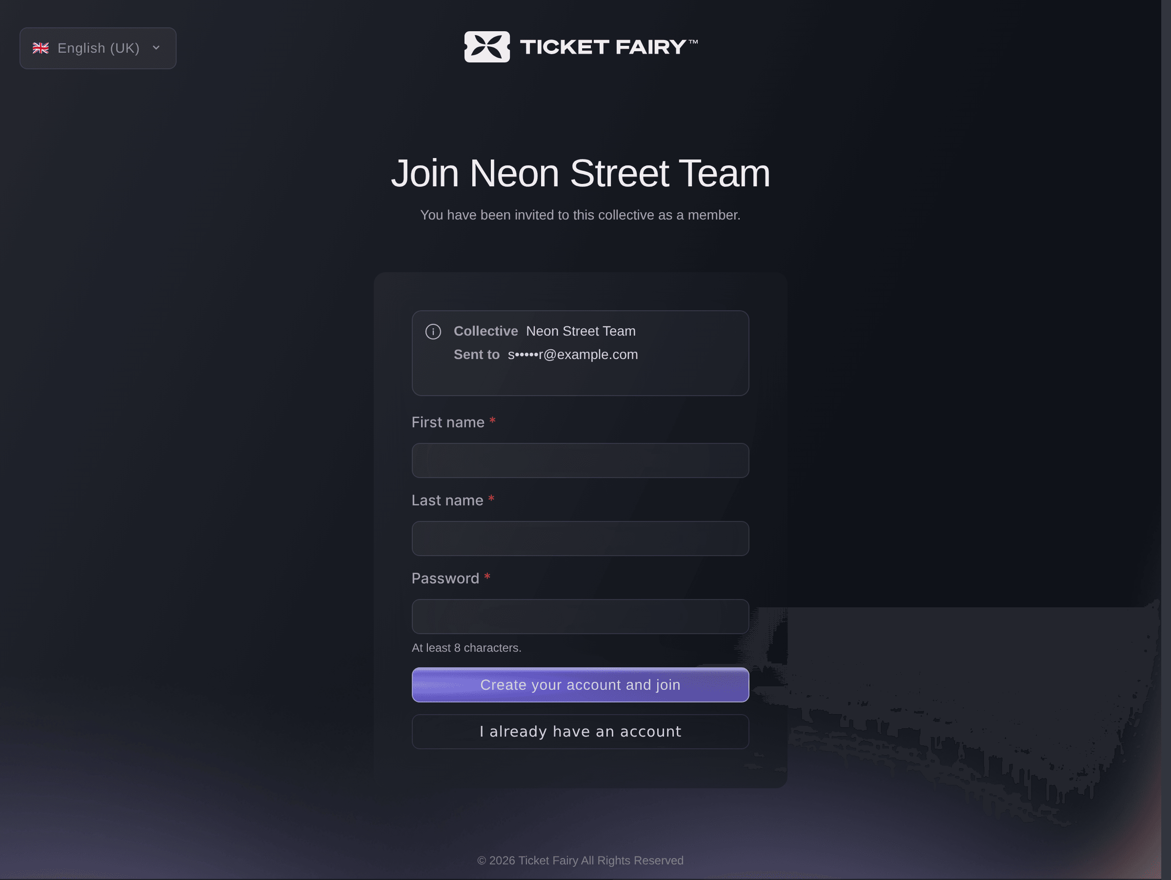 Ticket Fairy collective invitation page naming the collective, the role and the invited address