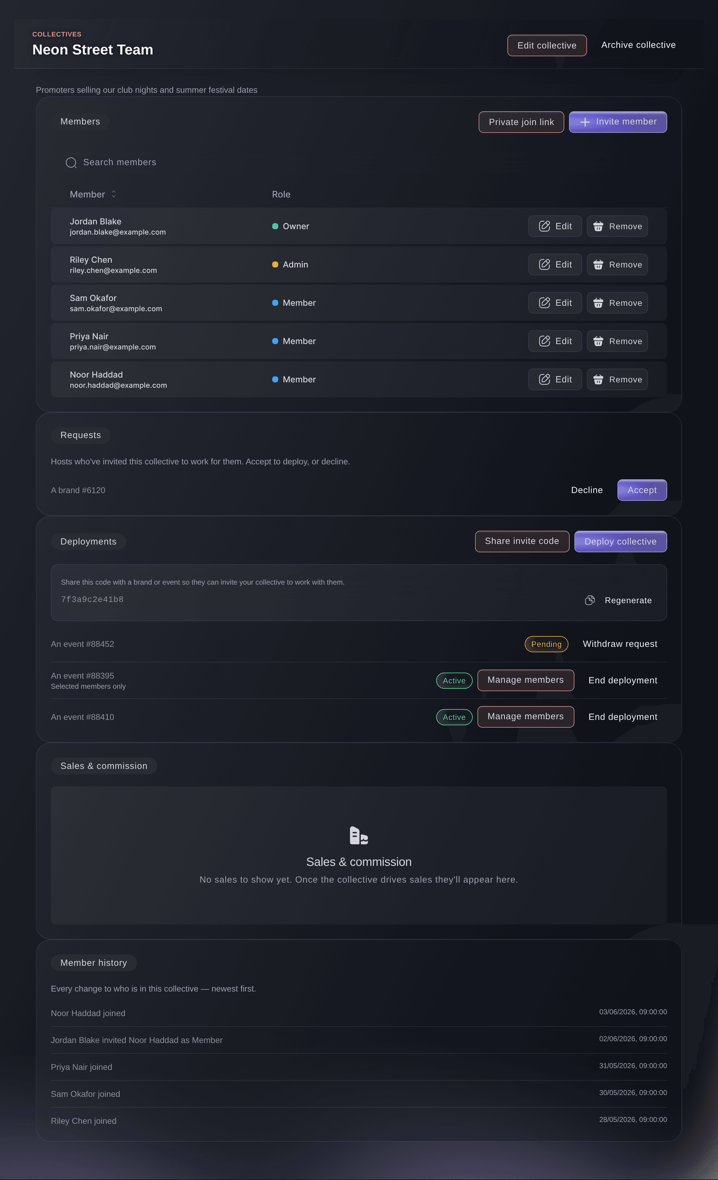 Ticket Fairy collective page with its members, a venue's request under Requests, the invite code and three deployments