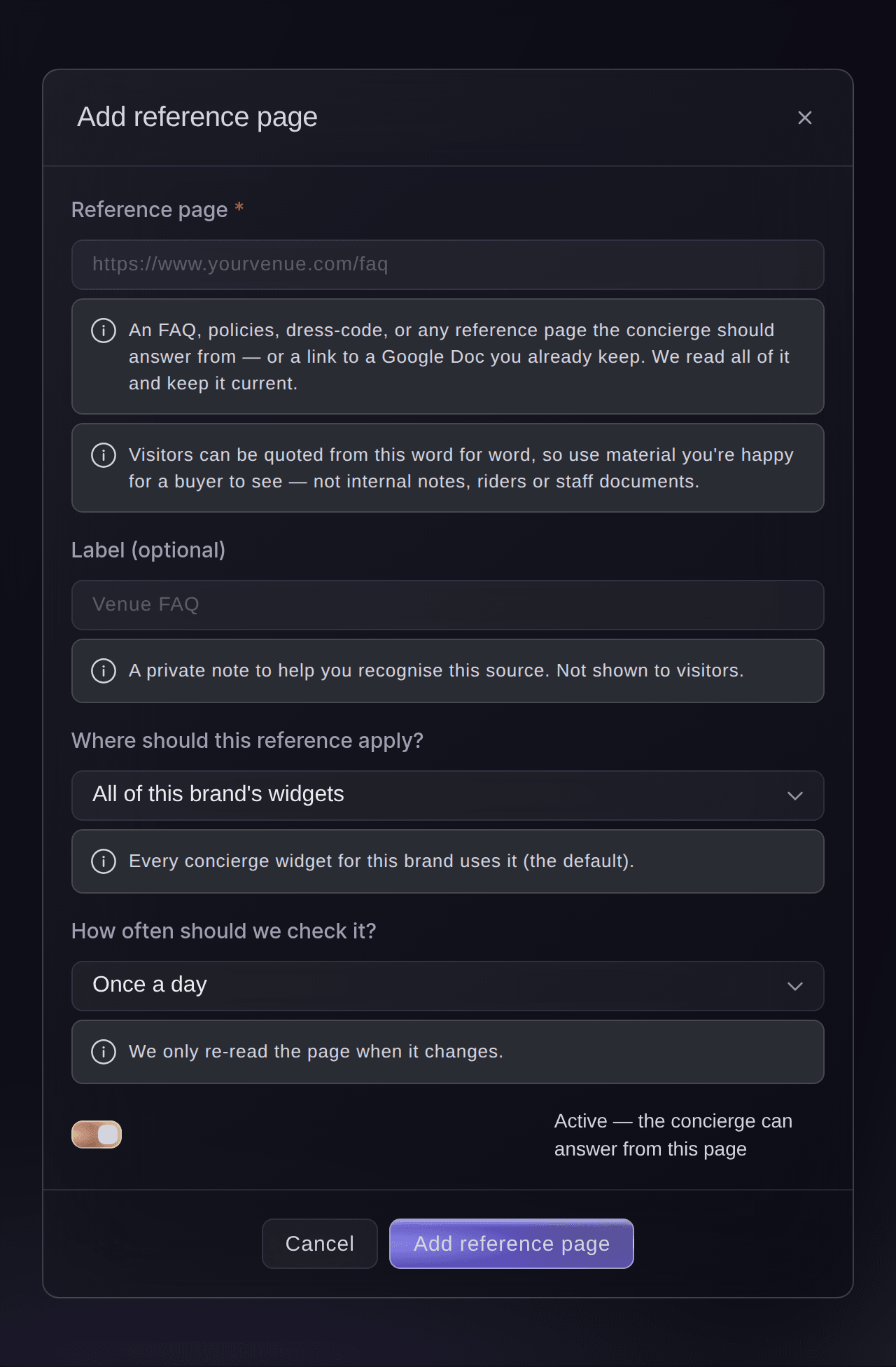 The Add reference page dialog, asking for the page address, a label, which widgets answer from it and how often it is checked