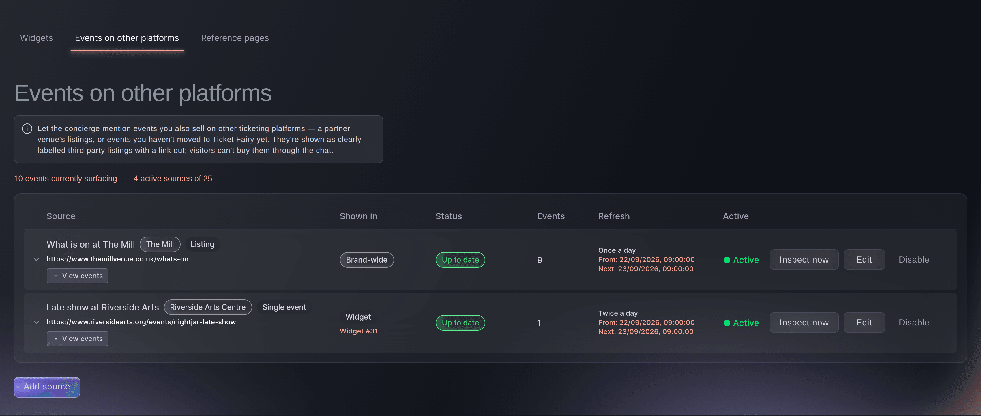 The Events on other platforms tab, with a venue's listings page and a single event page the concierge can mention